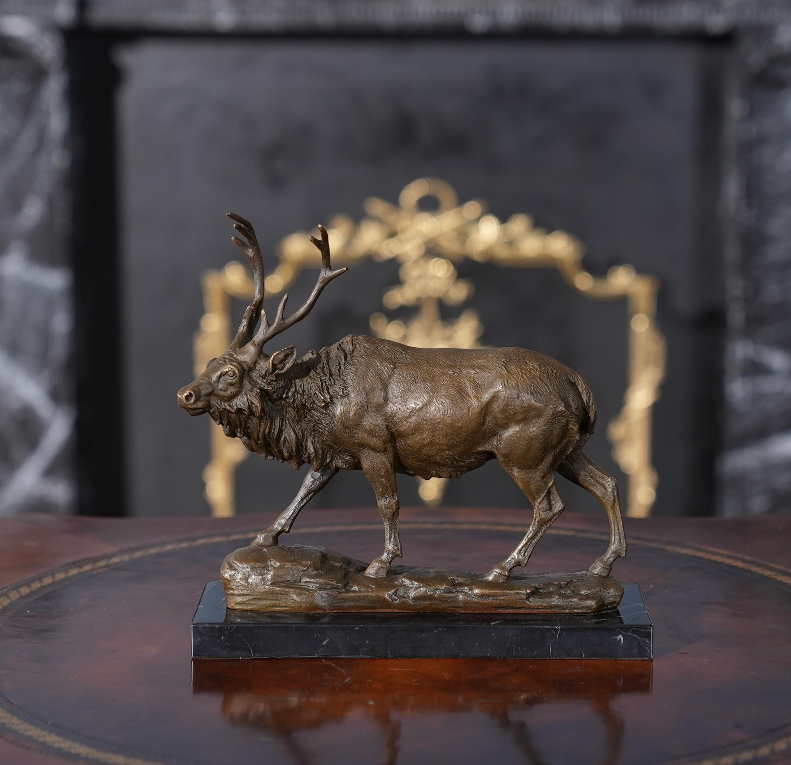 Hand-Crafted Bronze Bull Elk with Marble Base For Sale