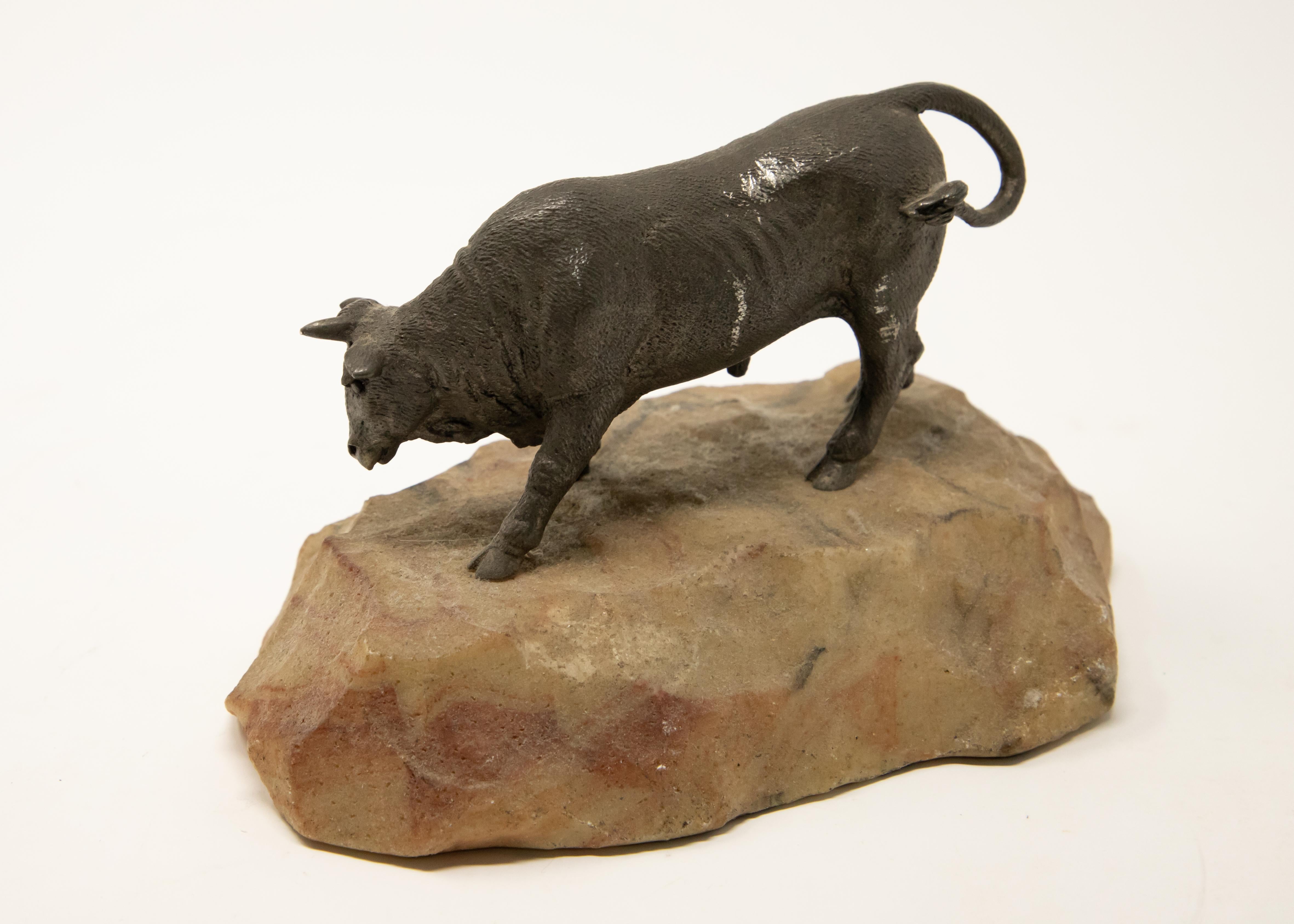 Hand-Crafted Bronze Bull on Stone Base For Sale