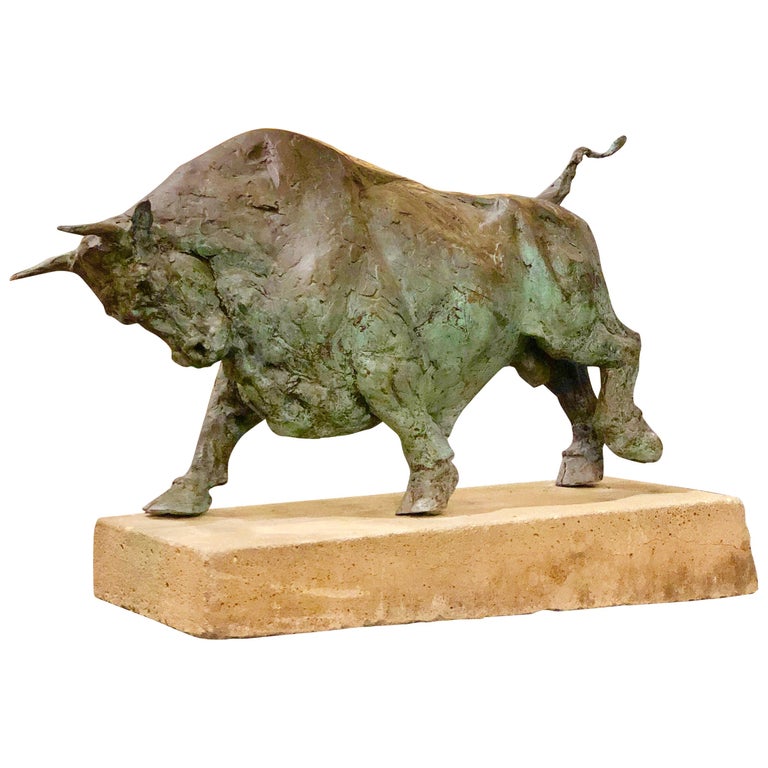 Bronze Bull Sculpture Early 20th Century on Custom Concrete Base at