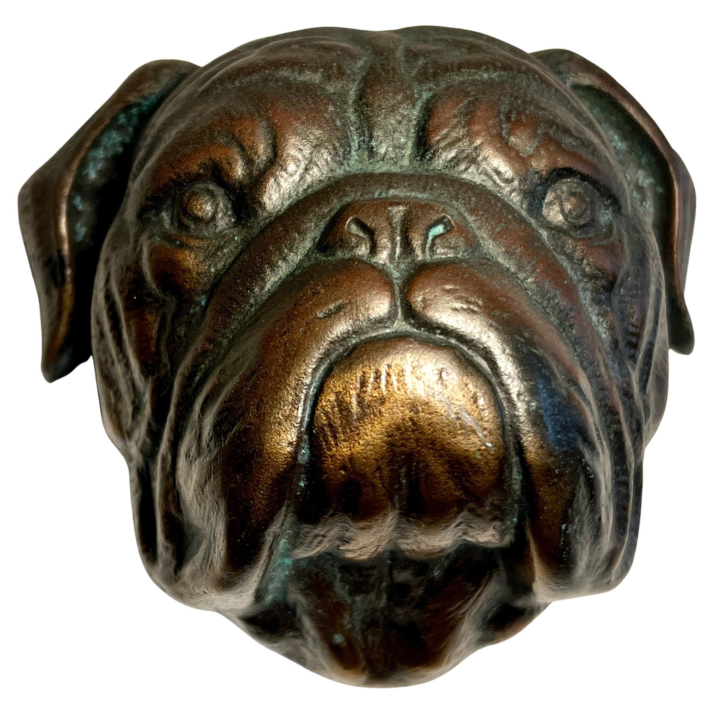 Bulldogge Türklopfer aus Bronze.     Die Detaillierung des Hundegesichts und die reiche Patina machen dieses Stück zu einem großartigen Gruß für Ihre Gäste!  Zwei Löcher auf der Rückseite ermöglichen es, den Klopfer an jeder Tür zu befestigen, bei