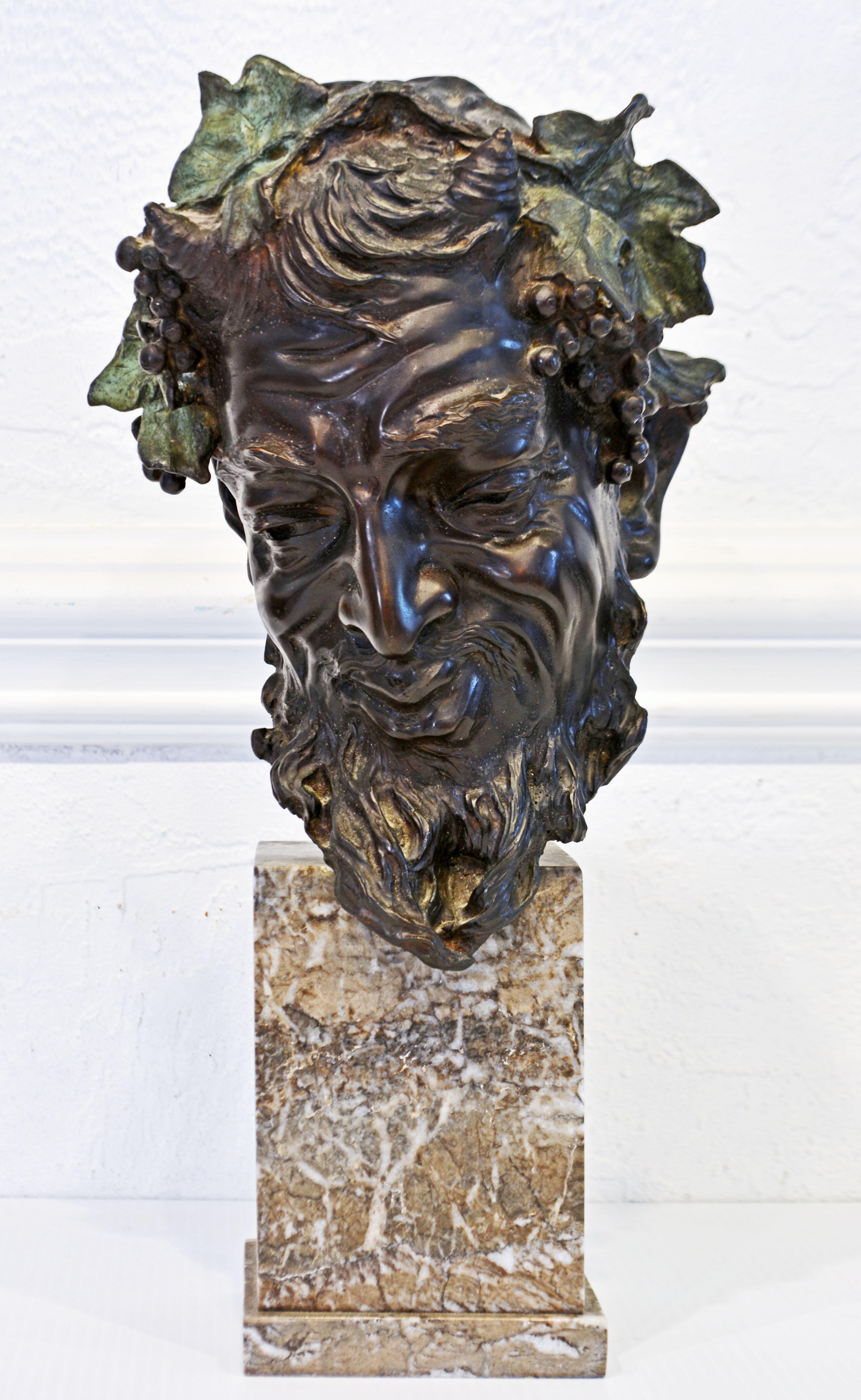 This beautifully detailed bronze bust by Vincenzo Gemito (Italian 1852-1929) represents the greco-roman mythological Satyr, a woodland god and follower of Dionysos, known for erotic desires and over indulgence of wine. Yes, our satyr has a