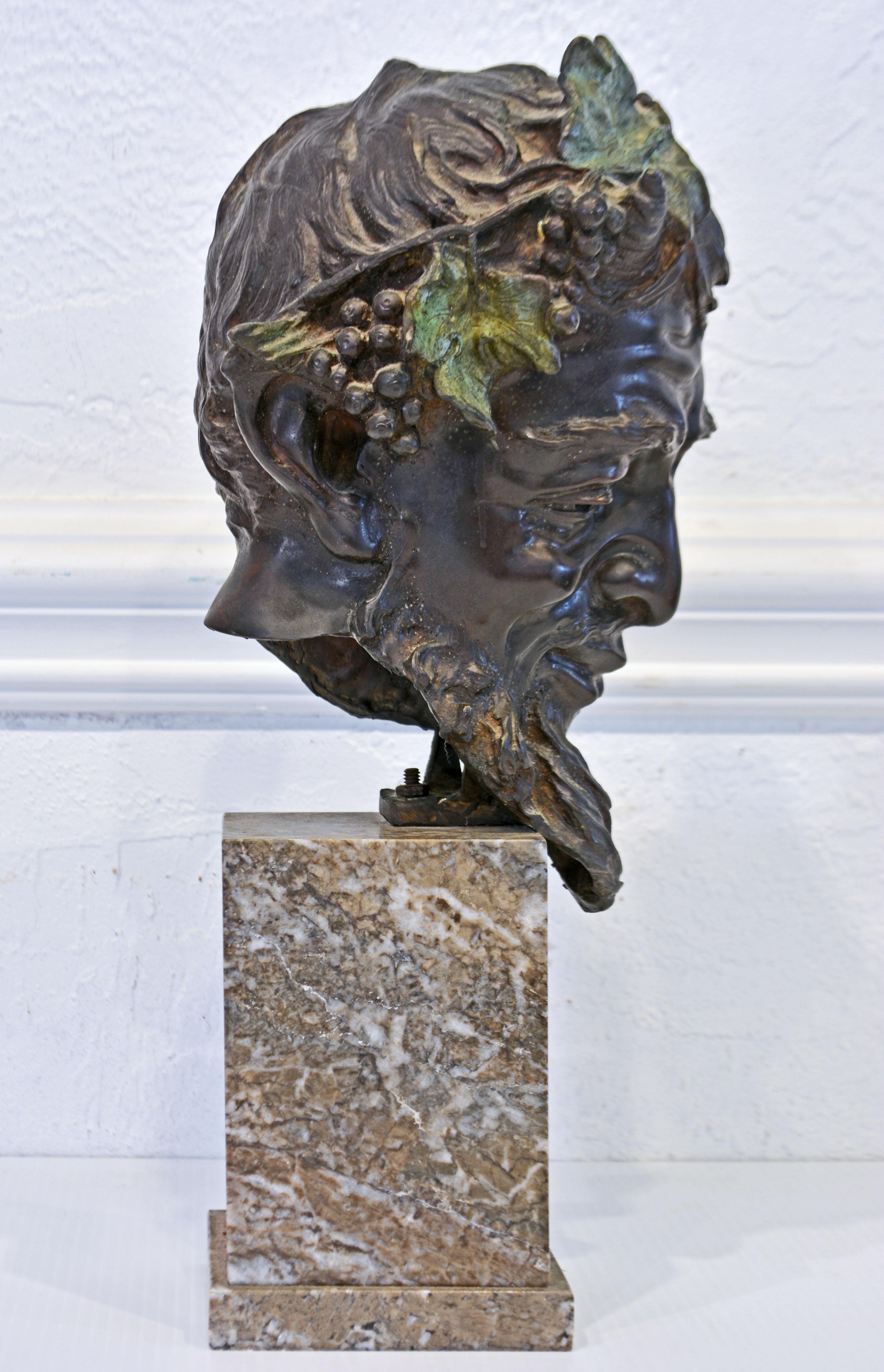 Bronze Bust of a Smiling Satyr by Vincenzo Gemito on Marble Base, Late 19th C In Good Condition In Ft. Lauderdale, FL