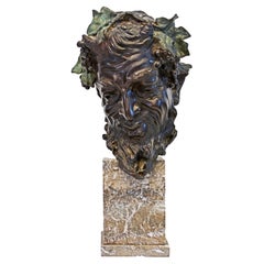Bronze Bust of a Smiling Satyr by Vincenzo Gemito on Marble Base, Late 19th C