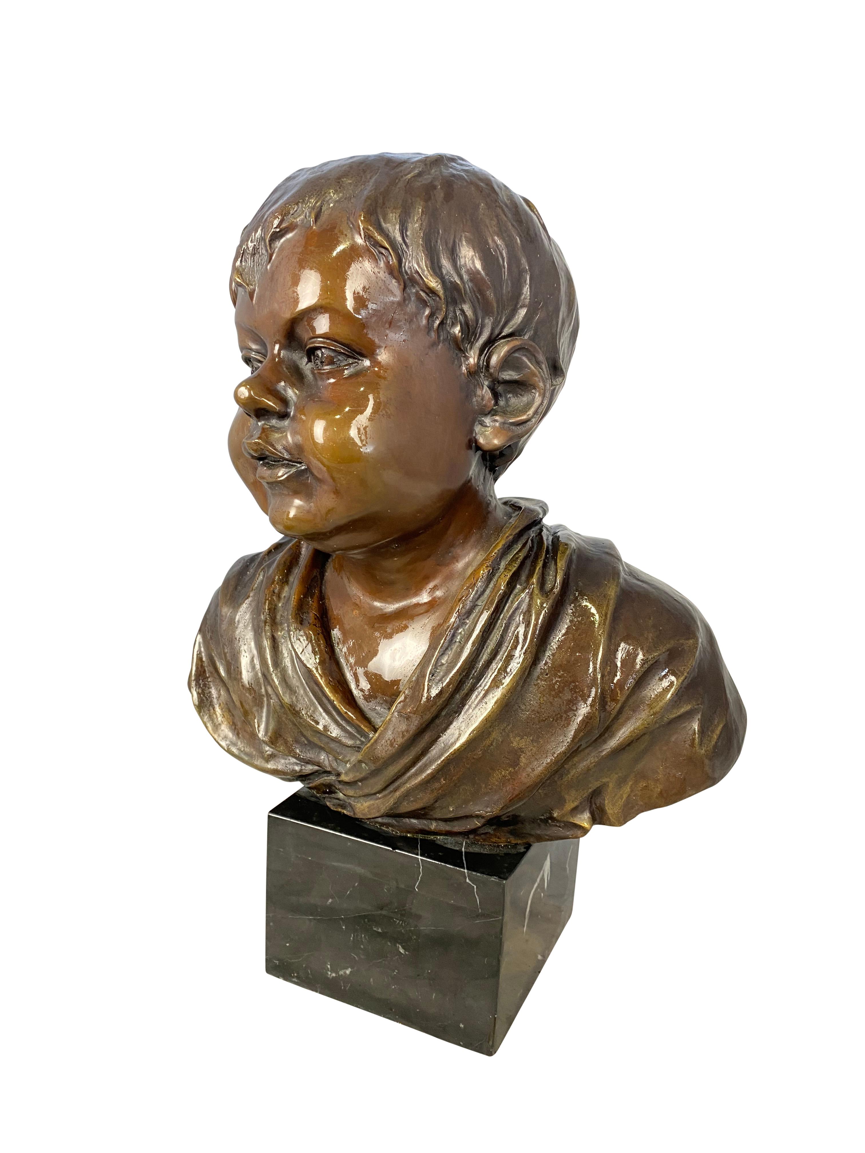 A fine detailed bronze, 20th century bust of a child, signed by O'Brian. This bronze has a beautiful patina, attached to a solid marble base. This piece is absolutely charming.

Dimensions: (cm)
47 H/32 W/32 D.