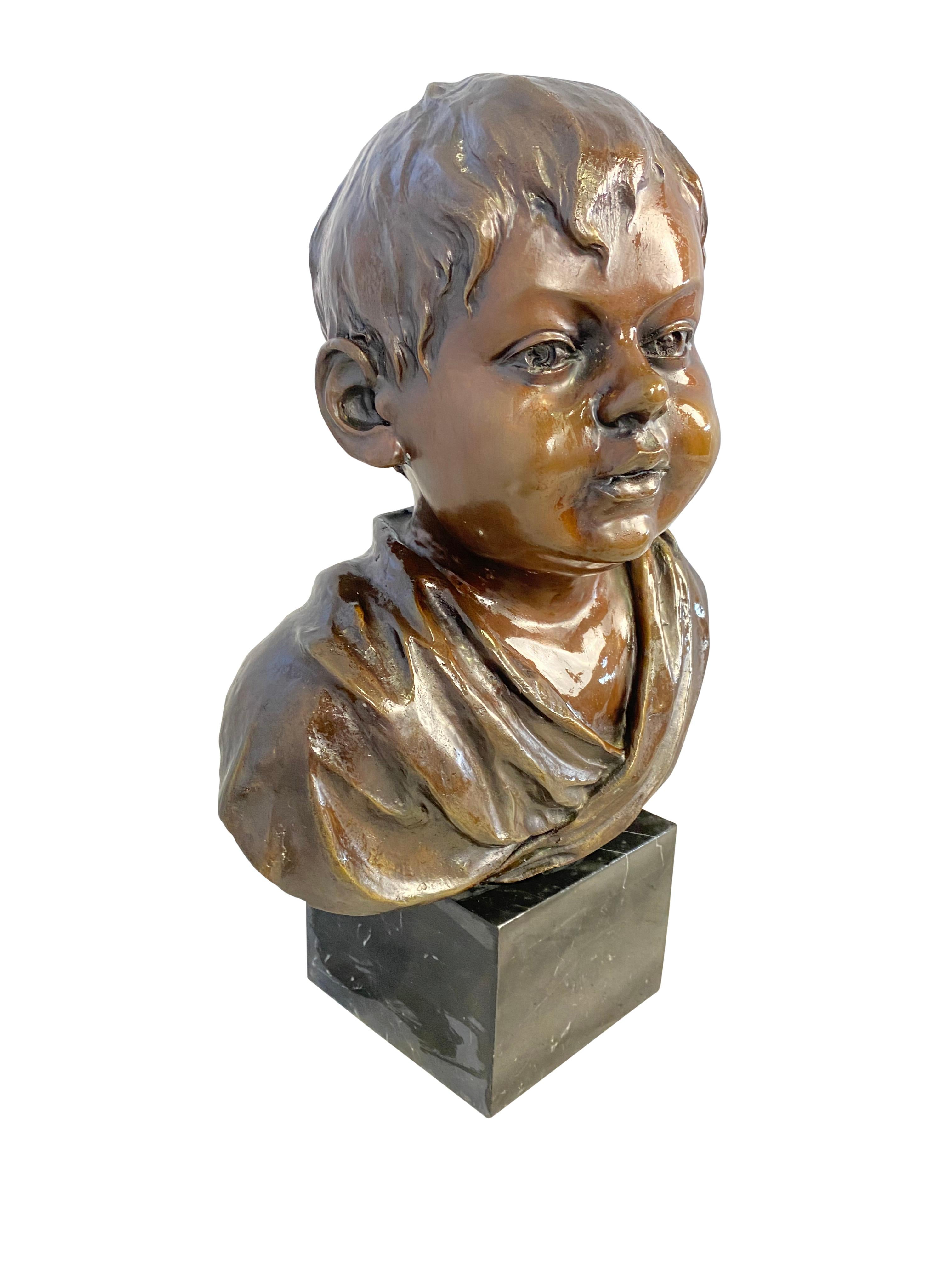 Mid-Century Modern Bronze Bust of a Young Boy, Signed by O’Brian, 20th Century For Sale