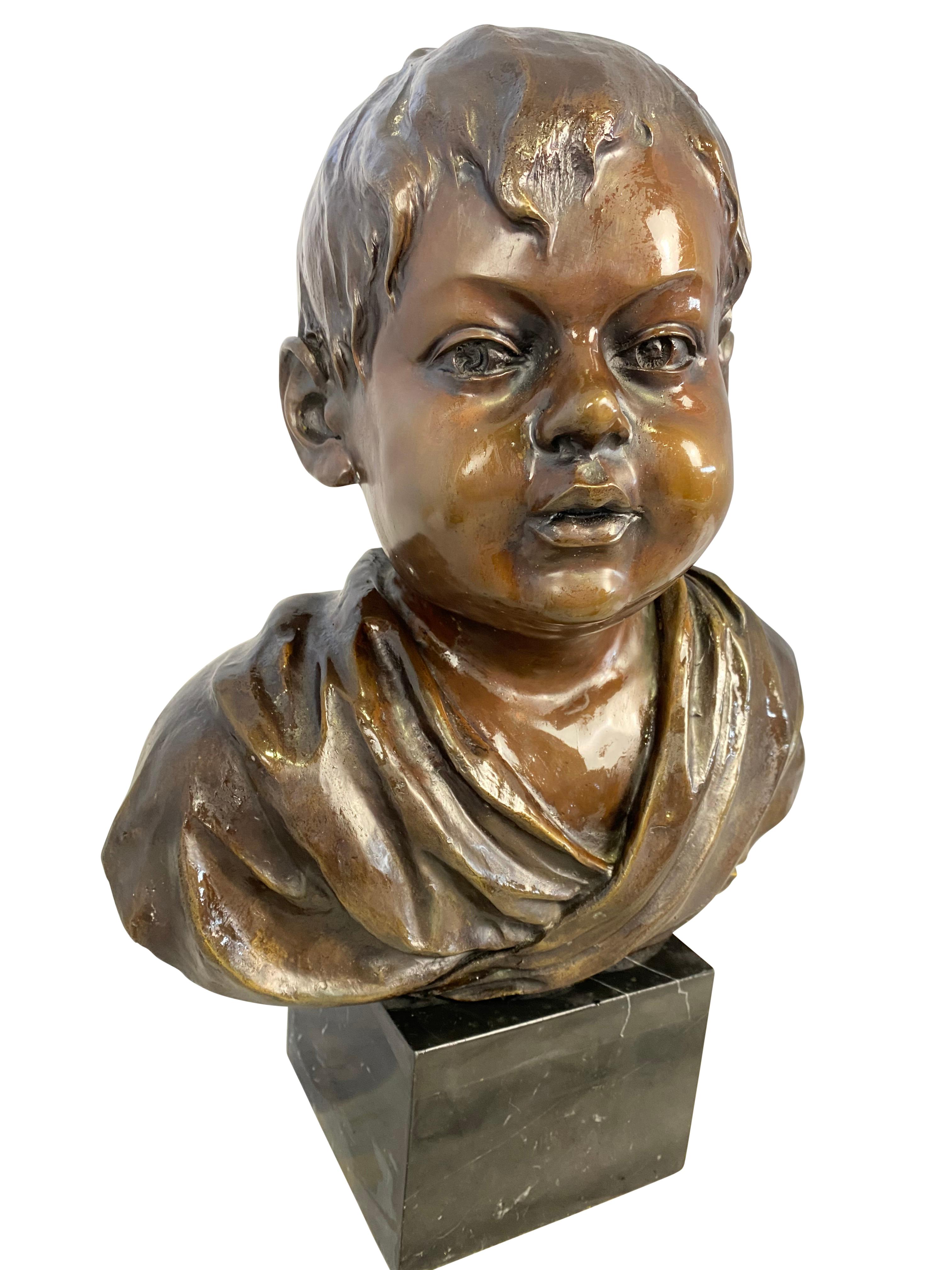 Cast Bronze Bust of a Young Boy, Signed by O’Brian, 20th Century For Sale