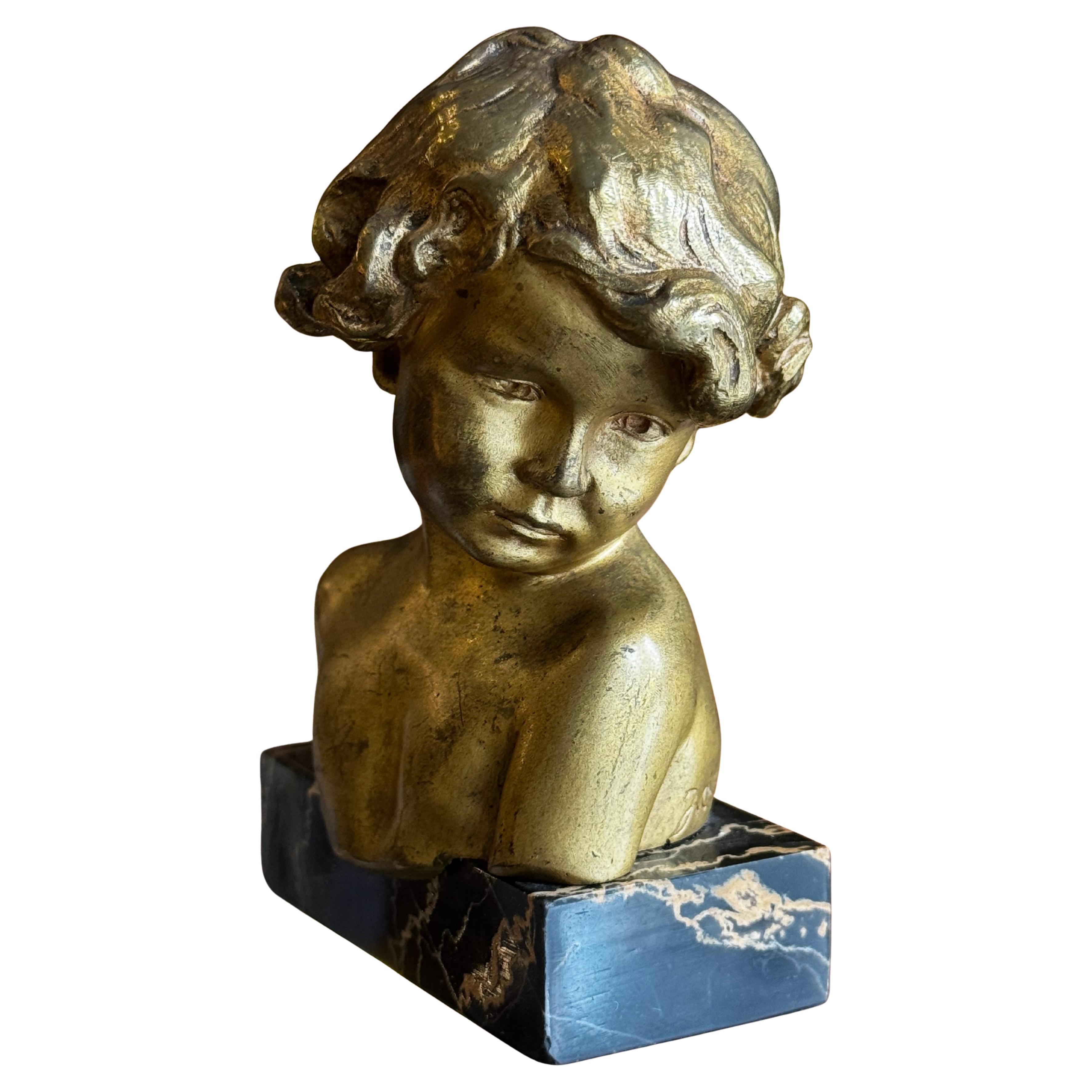 Bronze Bust of a Young Girl by Jean Marie Camus, 1903, With Portoro Marble Base