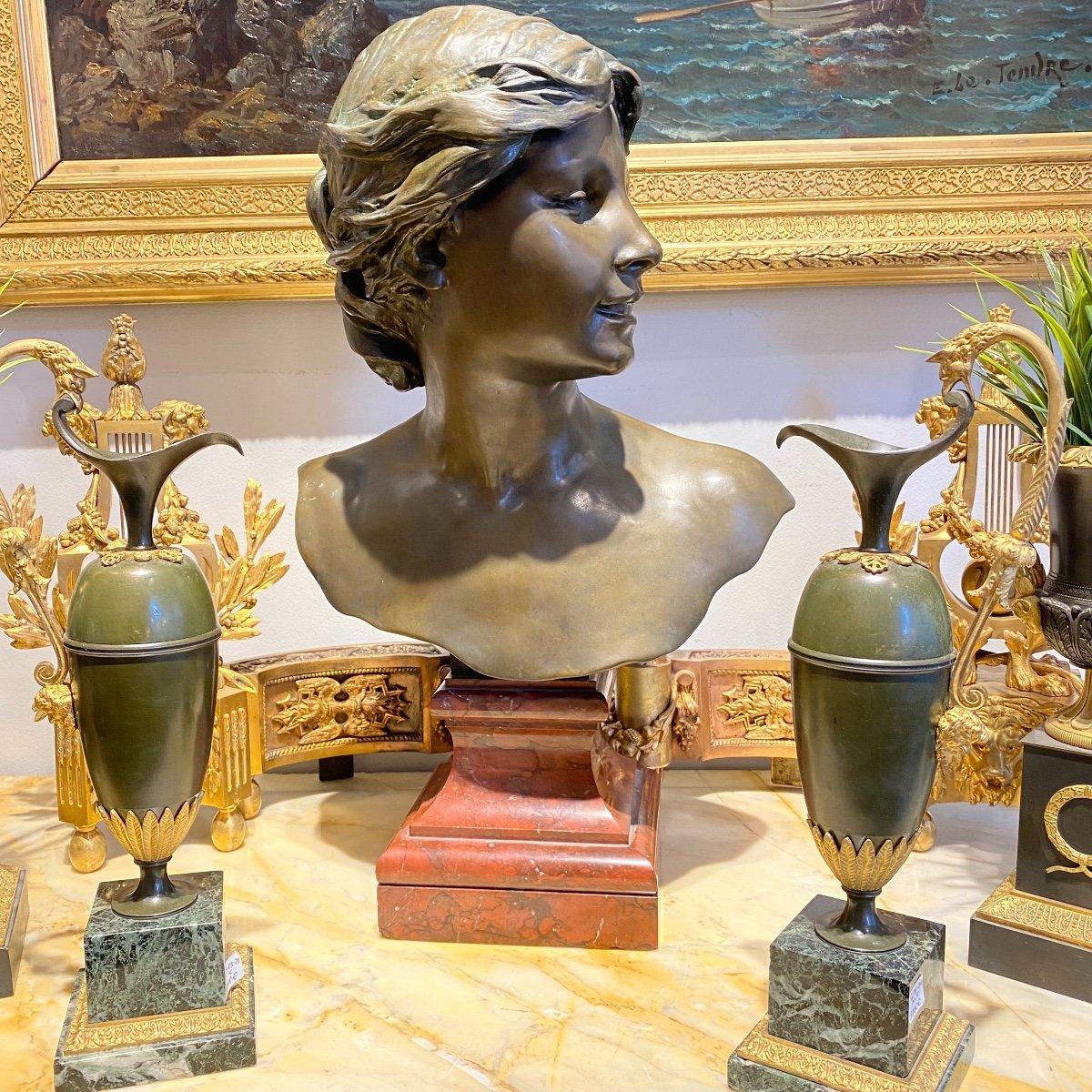 Bronze Bust of a Young Woman on a Marble Base by Jules Blanchard  For Sale 3