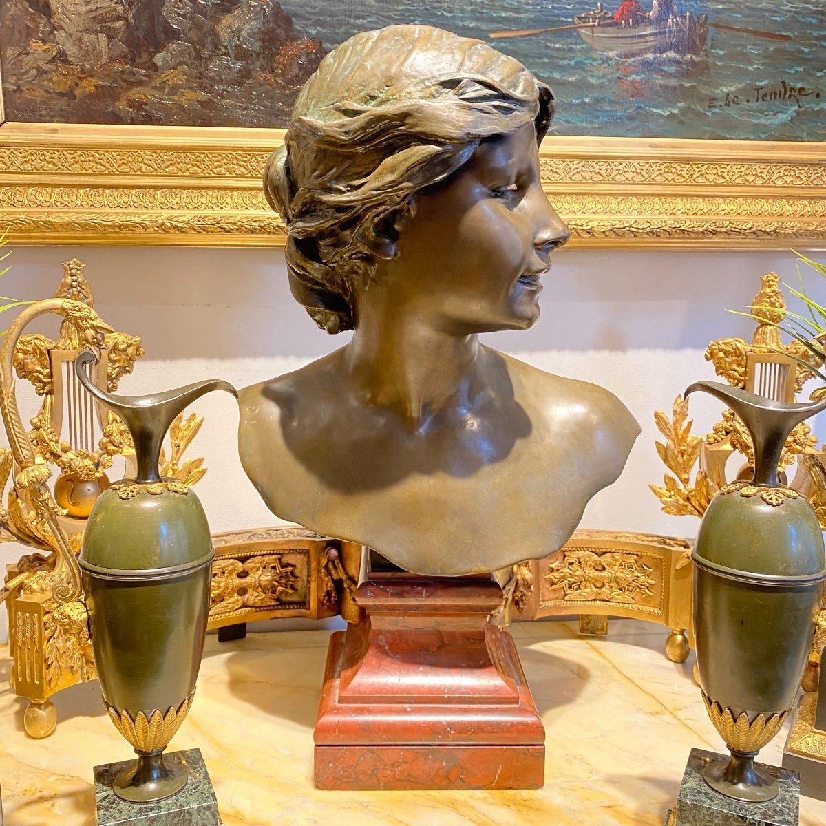 Bronze Bust of a Young Woman on a Marble Base by Jules Blanchard  For Sale 5