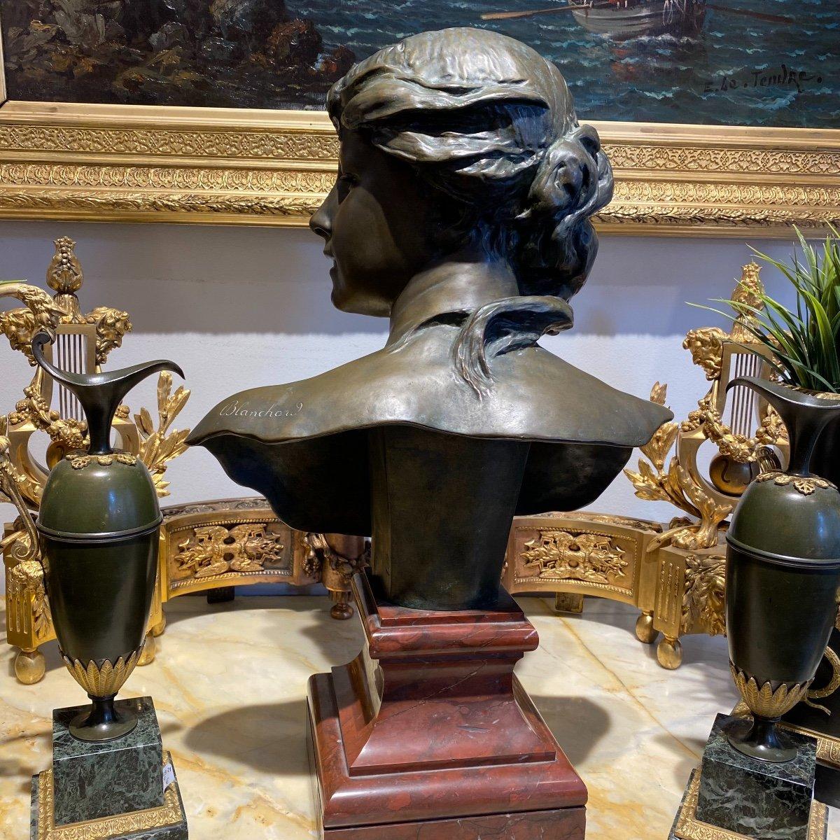 Patinated Bronze Bust of a Young Woman on a Marble Base by Jules Blanchard  For Sale