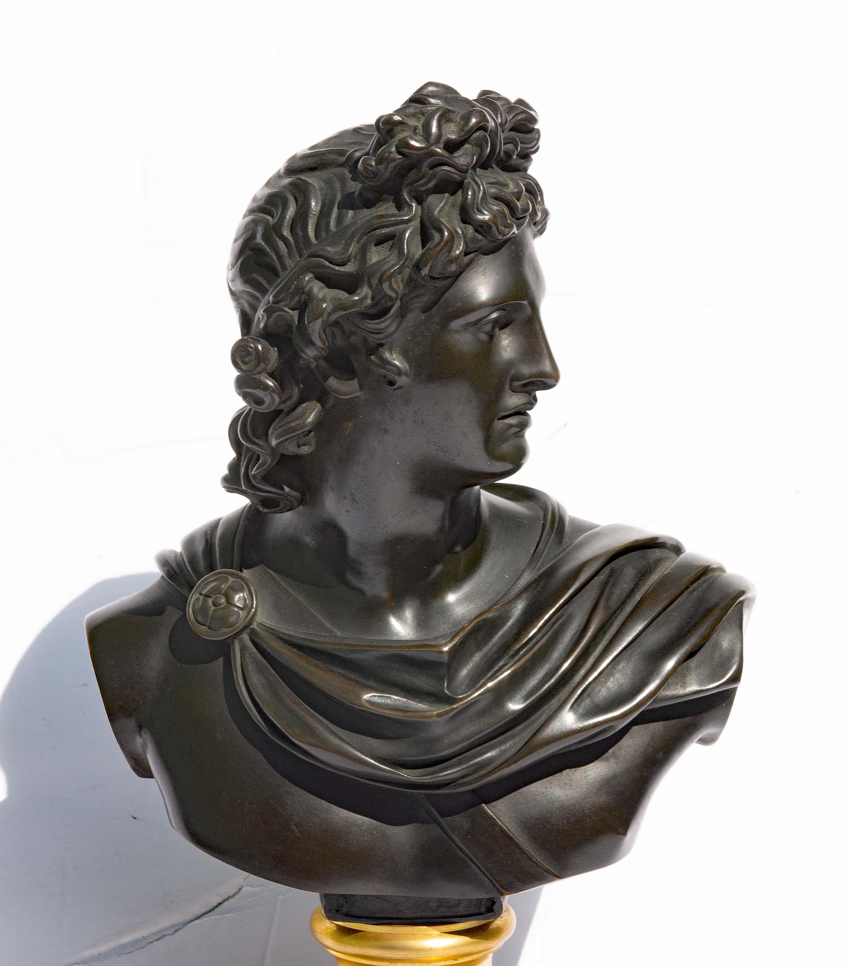Superbe buste du dieu Apollo en bronze et bronze doré du 19e siècle, Belvedere, vers 1850. Ce magnifique buste du Grand Tour est une merveille de beauté et d'élégance raffinées. Il est réalisé en bronze richement patiné et monté sur un socle en