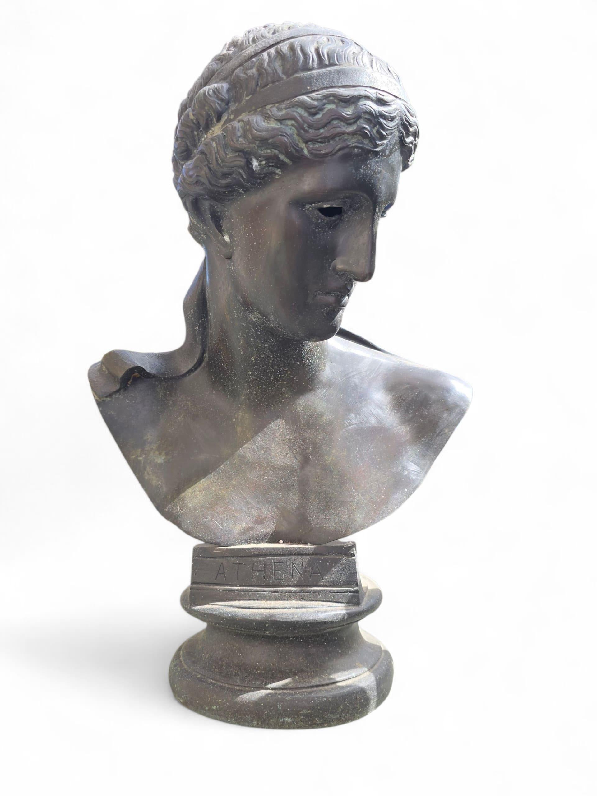 Refined bronze bust of the Greek goddess Athena, cast in the 20th century by the renowned Fonderia Chiurazzi of Naples. Known for their exceptional reproductions of classical antiquities, Chiurazzi's foundry captured the strength and elegance of the