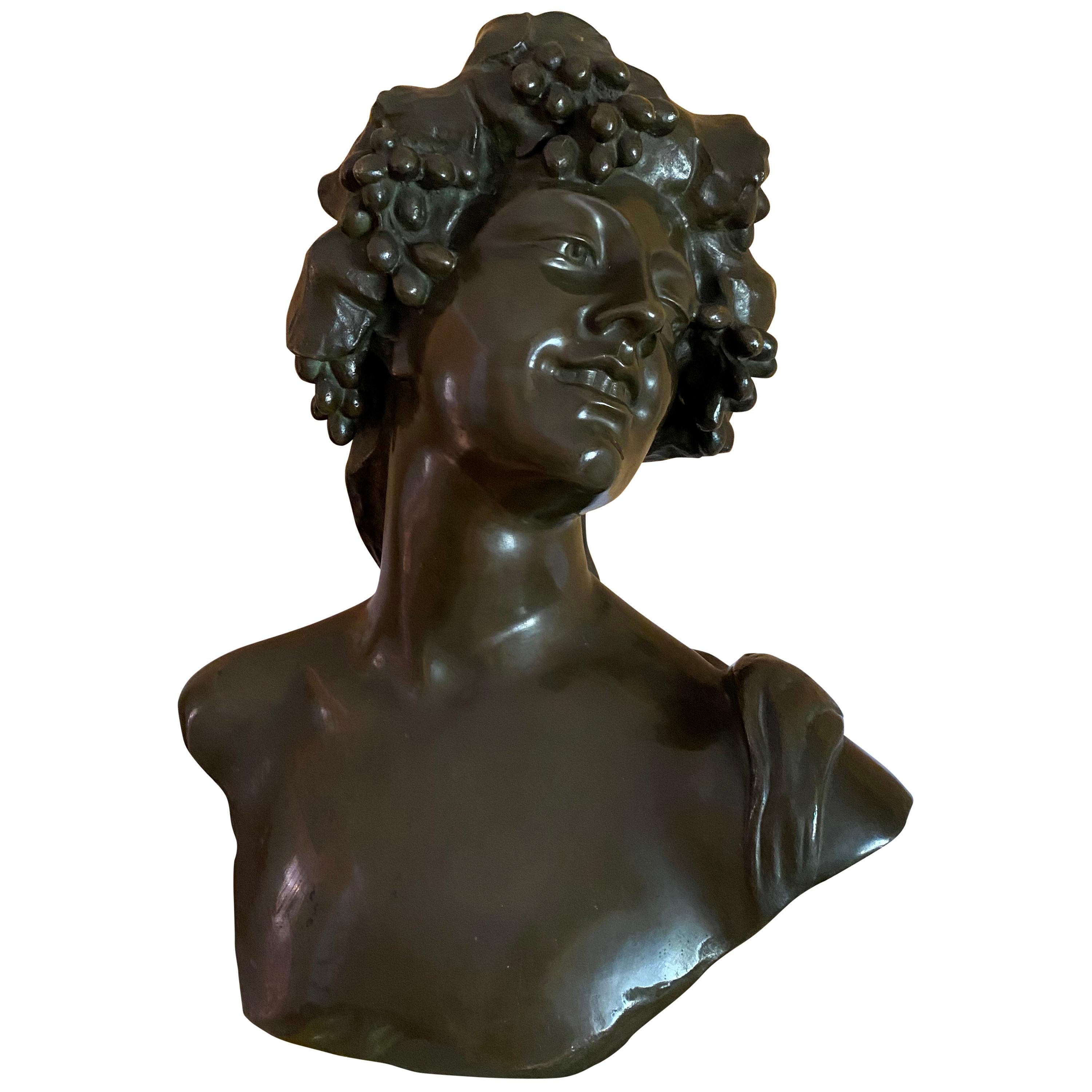 Bronze Bust of Bacchus the God of Wine and Intoxication, 19th Century For Sale