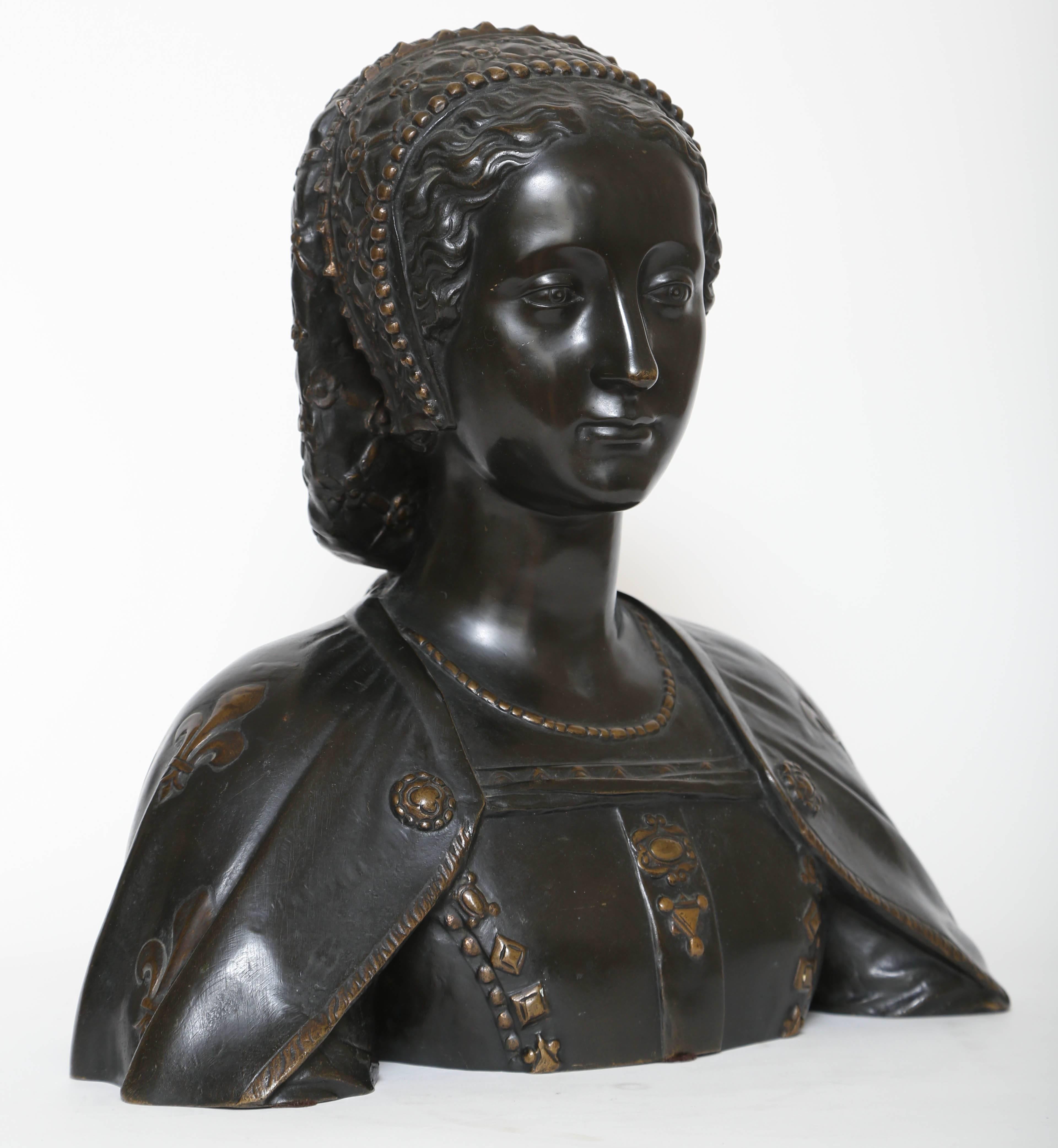 Large bronze bust of Catherine de Medici.