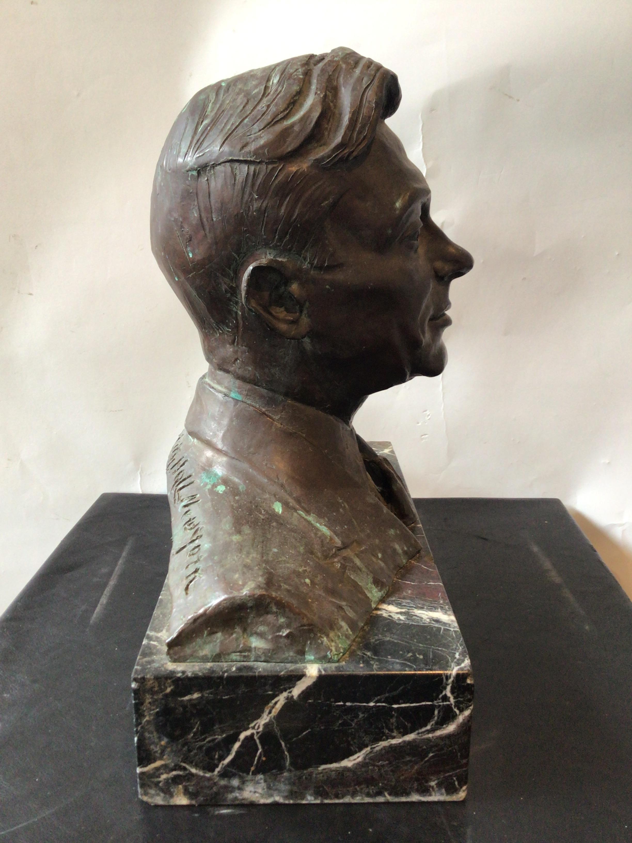 Bronze Bust Of Man On Marble Base Signed By The Artist For Sale 6