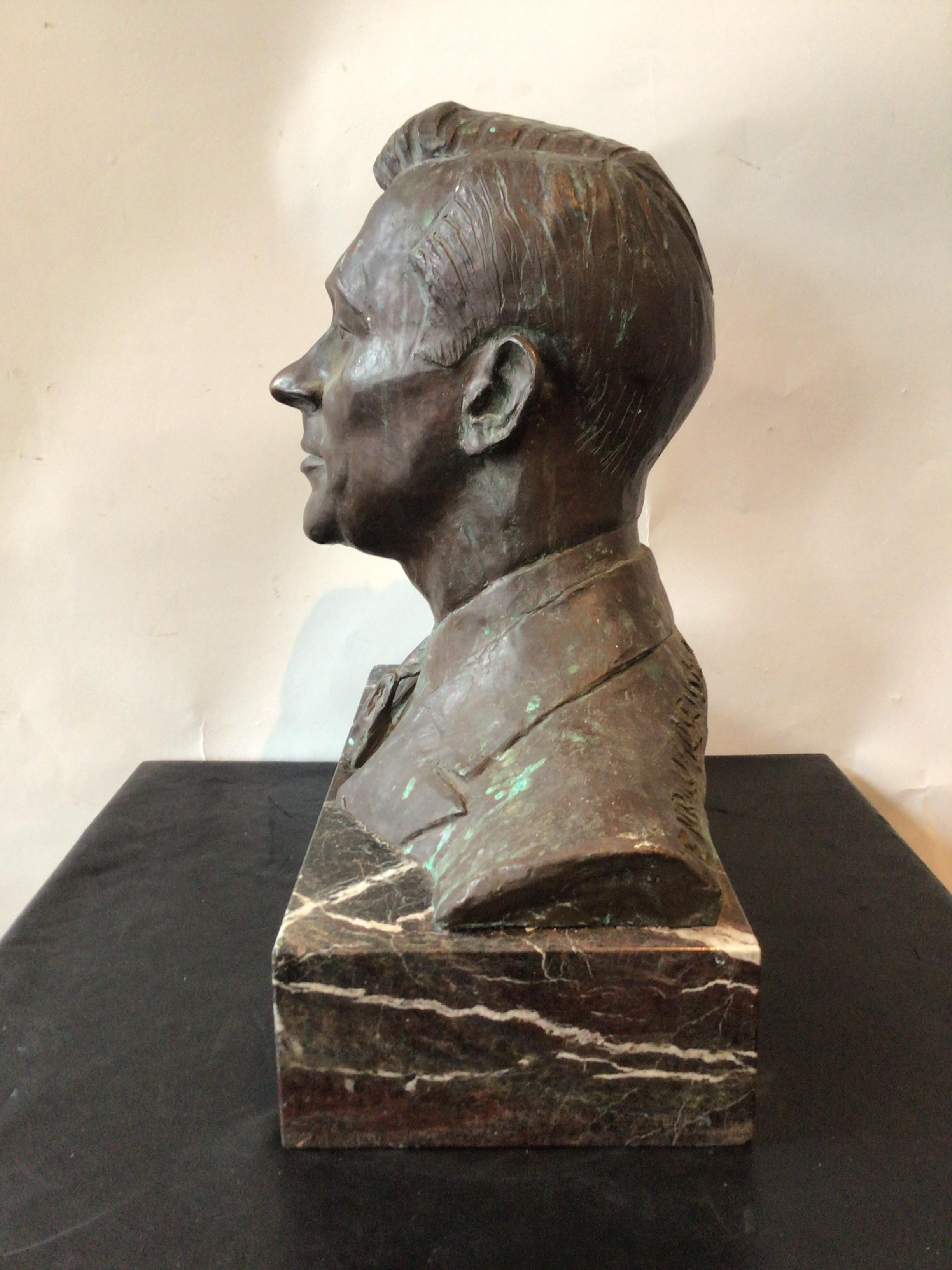 Bronze Bust Of Man On Marble Base Signed By The Artist For Sale 1