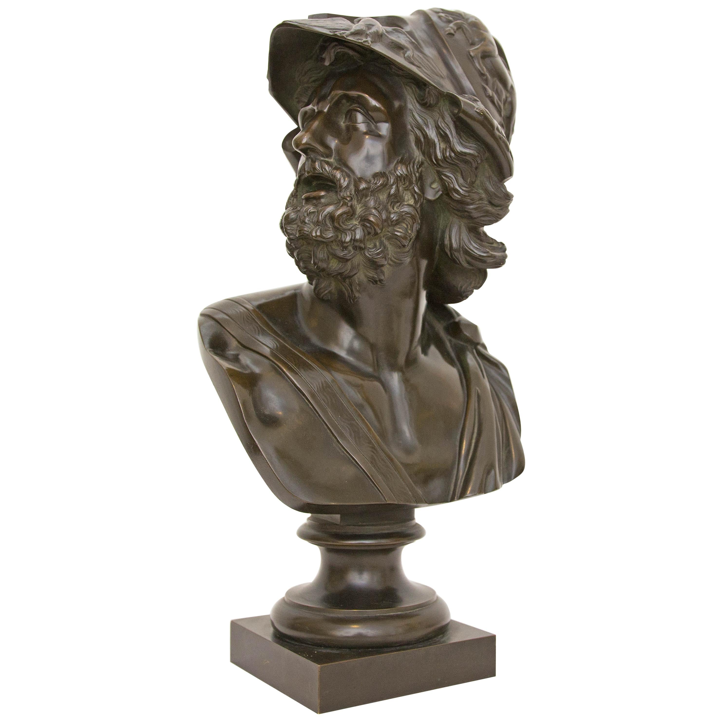 19th century bronze bust Menelaus mythological king of Sparta. A fine casting with rich patina. In Greek mythology, Menelaus (/?m?n?'le??s/; Greek: ?e???a??, Menelaos, from µ???? 