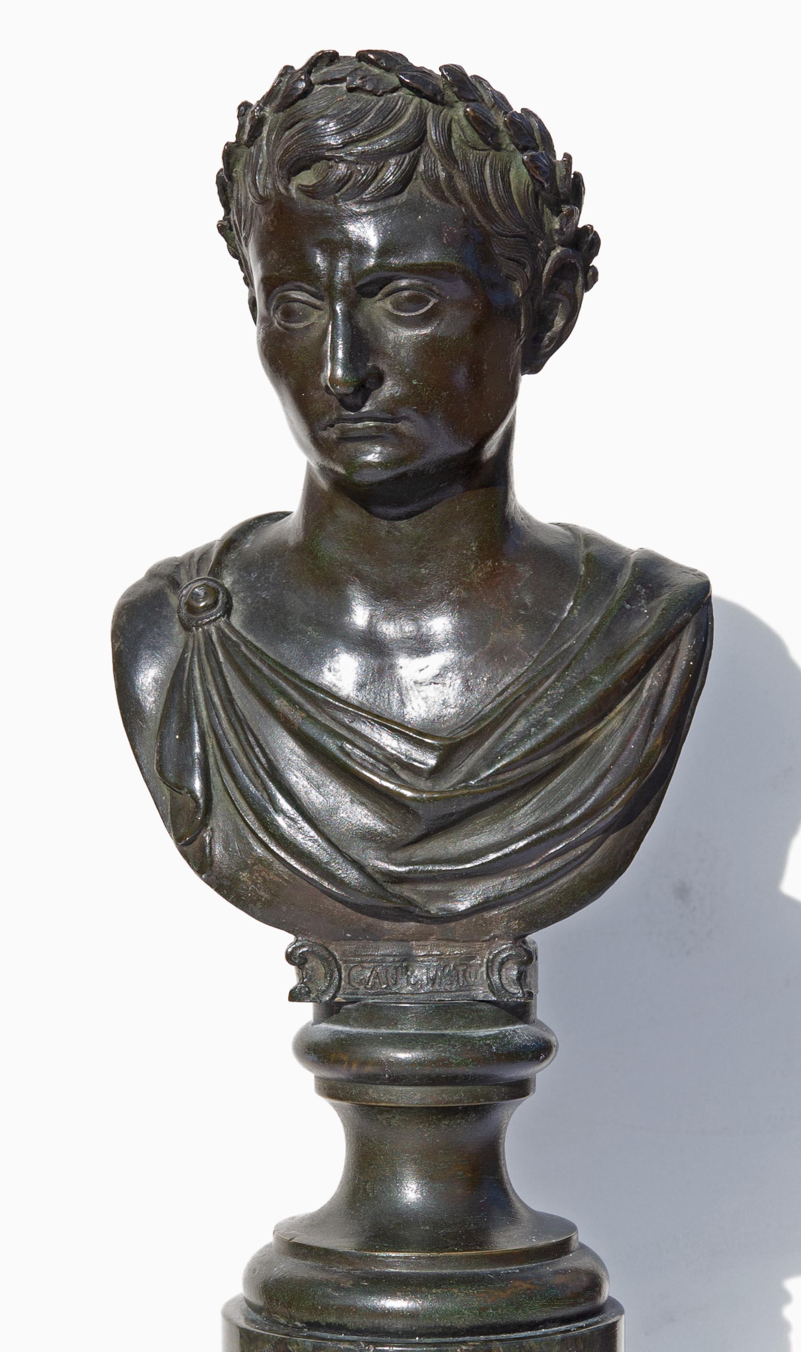 Bronze bust of Octavius. First emperor of Rome. Mounted on green marble pedestal. 19th century grand tour. 
 