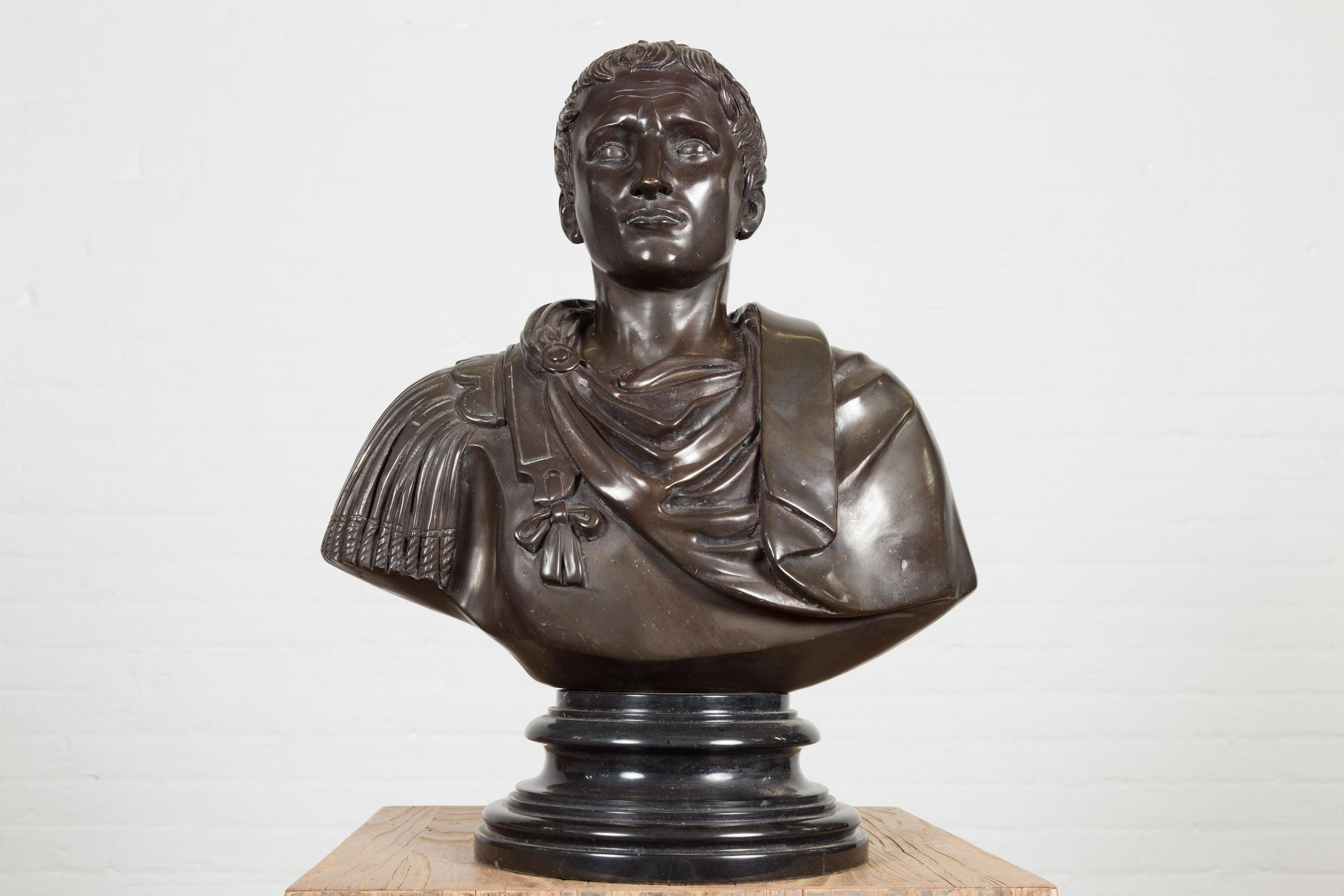 Bronze Bust of Roman Emperor Caesar Augustus in Dark Patina For Sale 12