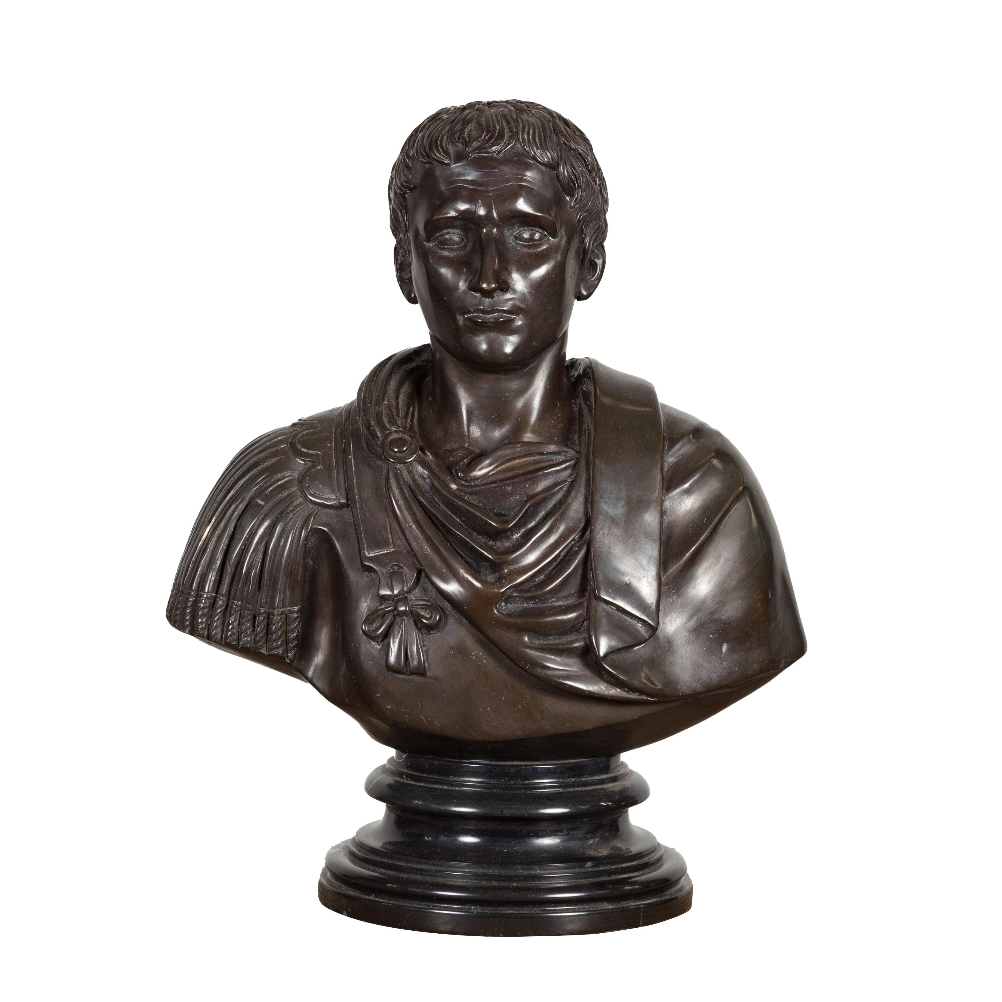 Bronze Bust of Roman Emperor Caesar Augustus in Dark Patina For Sale 14