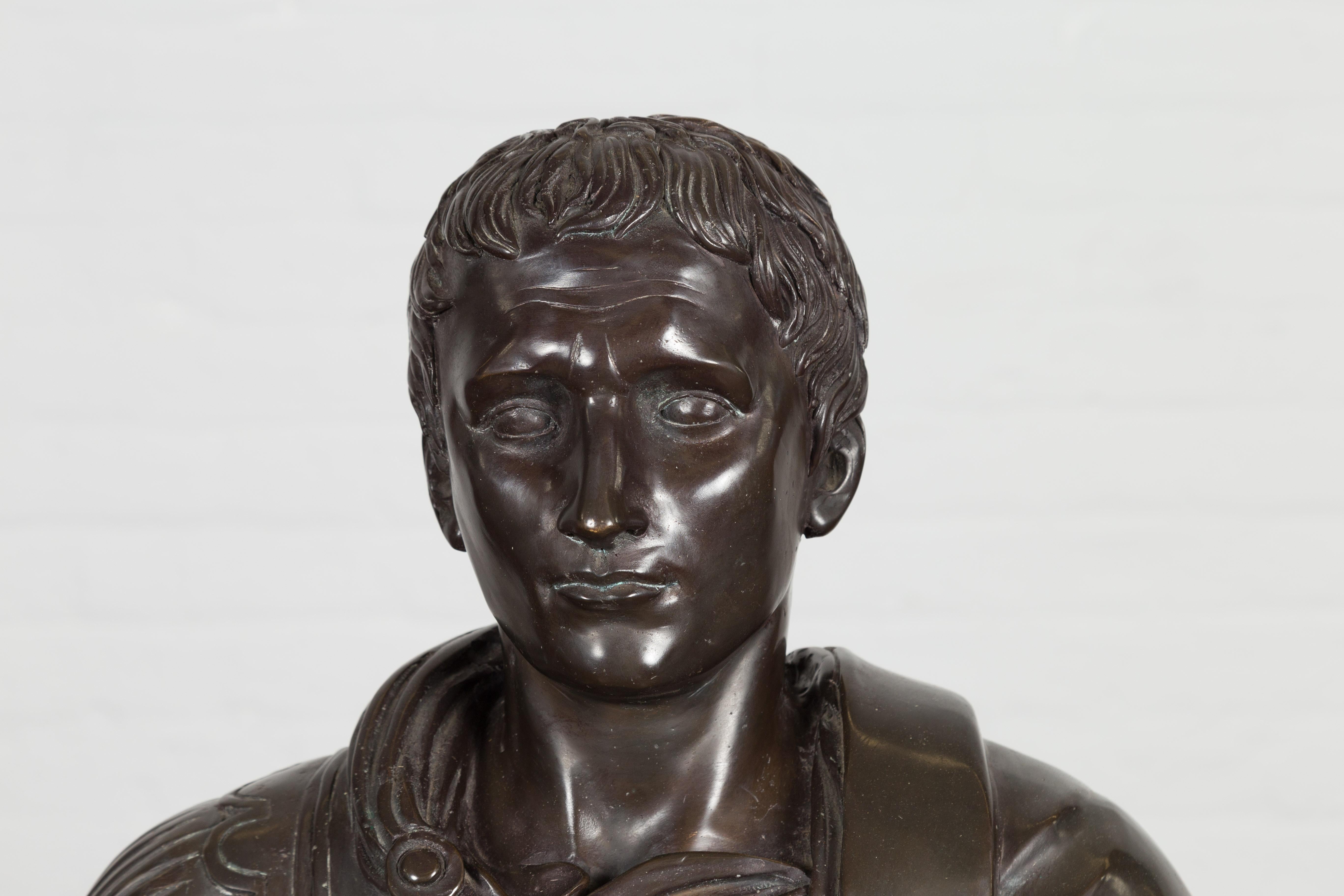 Bronze Bust of Roman Emperor Caesar Augustus in Dark Patina In New Condition For Sale In Yonkers, NY