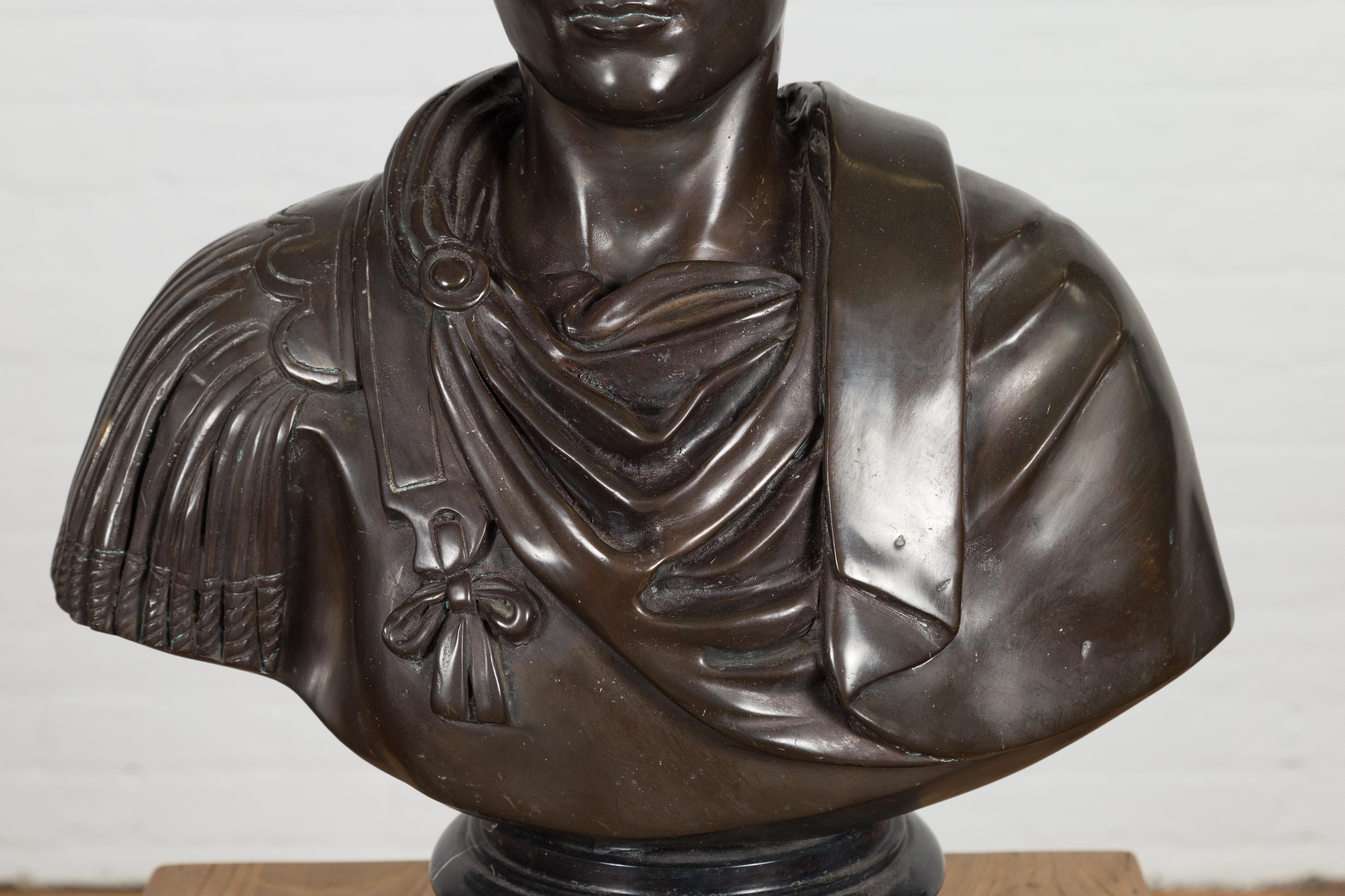 Contemporary Bronze Bust of Roman Emperor Caesar Augustus in Dark Patina For Sale