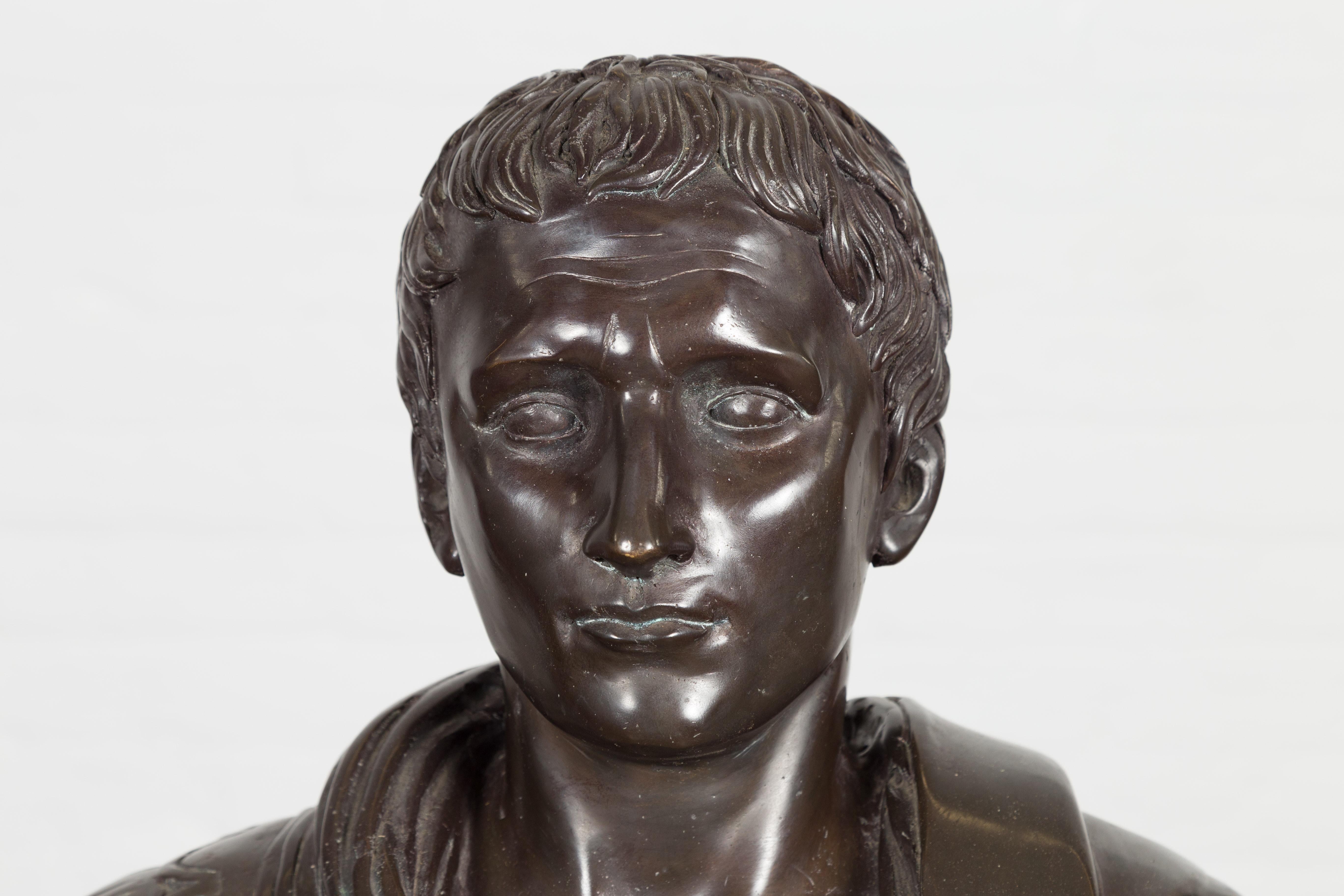 Bronze Bust of Roman Emperor Caesar Augustus in Dark Patina For Sale 2