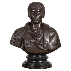 Antique Bronze Bust of Roman Emperor Caesar Augustus in Dark Patina