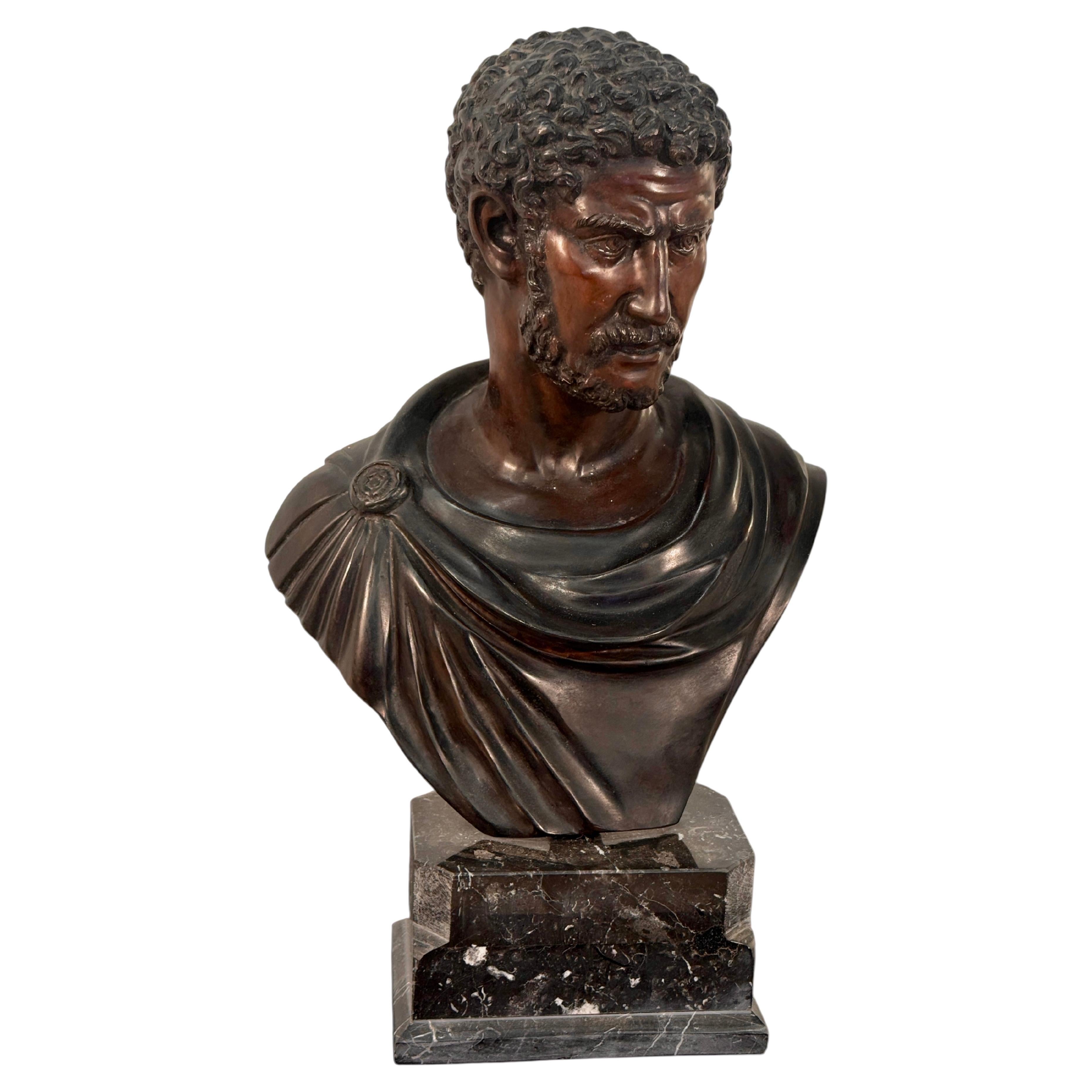 Bronze Bust of Roman Emperor Caracalla on Marble Base For Sale
