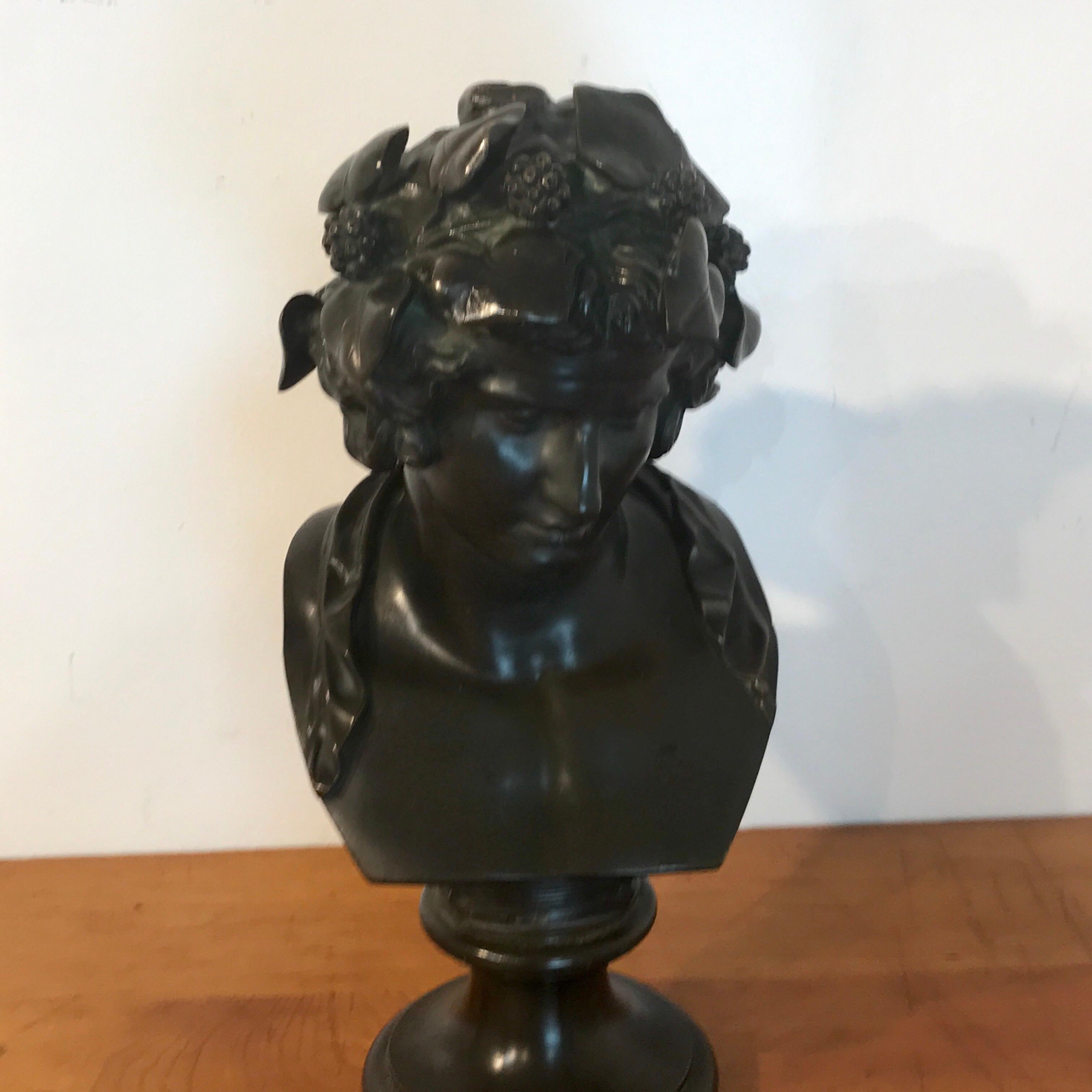 Bronze bust of young Bacchus, attributed to F. Barbedienne Fondeurs, finely cast original rich brown patina. Raised on a 5