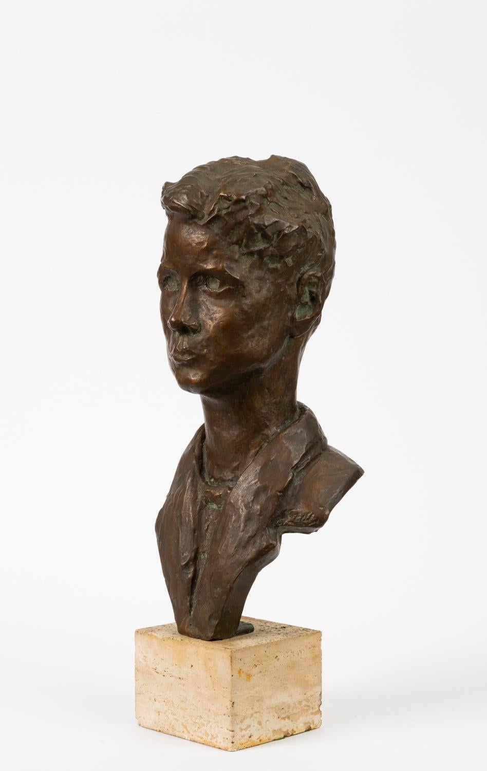 Mid-Century Modern Bronze Bust of Young Man on Travertine Mount