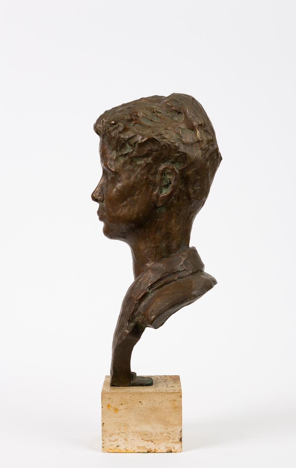 American Bronze Bust of Young Man on Travertine Mount