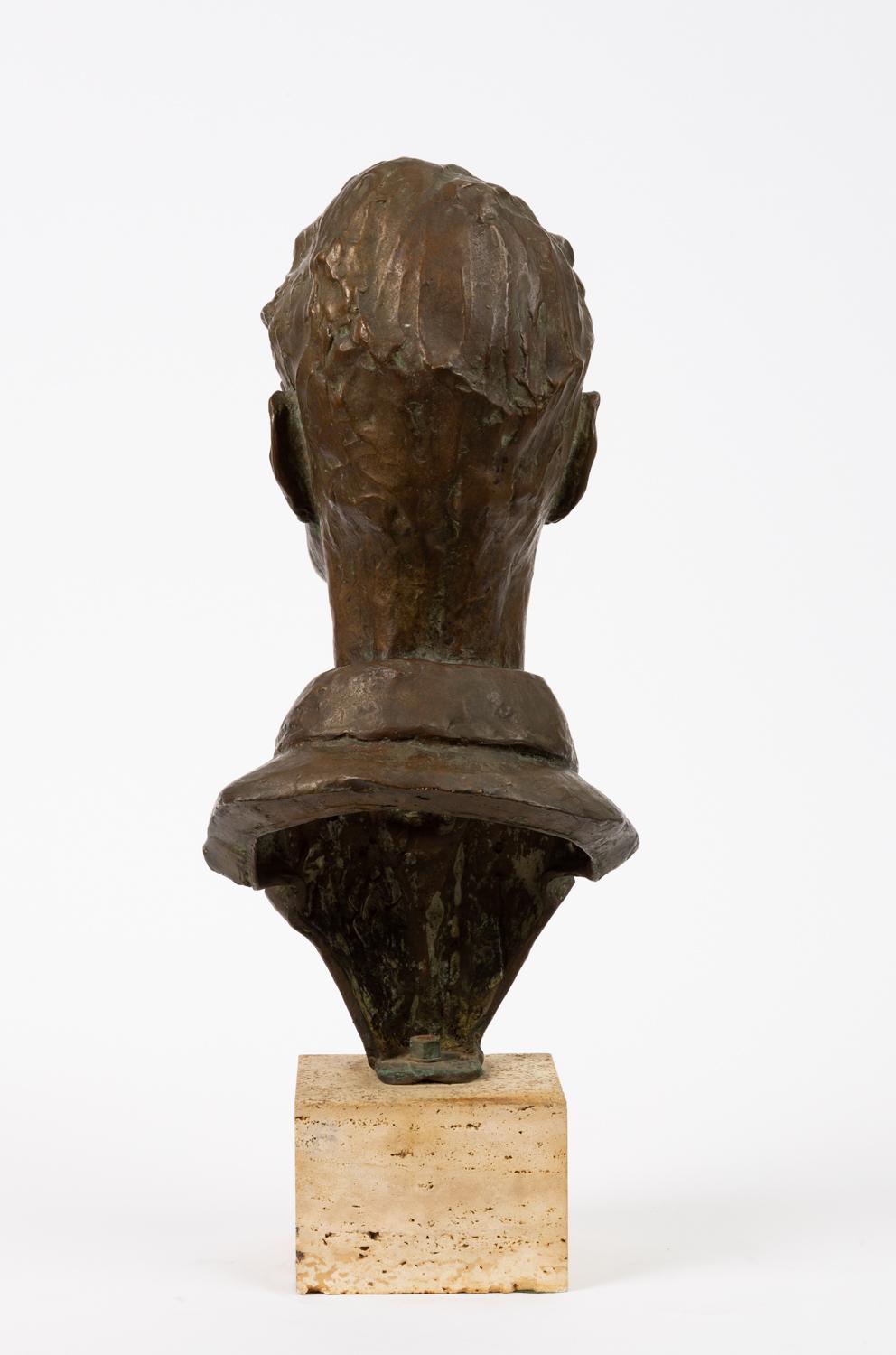 Bronze Bust of Young Man on Travertine Mount In Excellent Condition In Los Angeles, CA