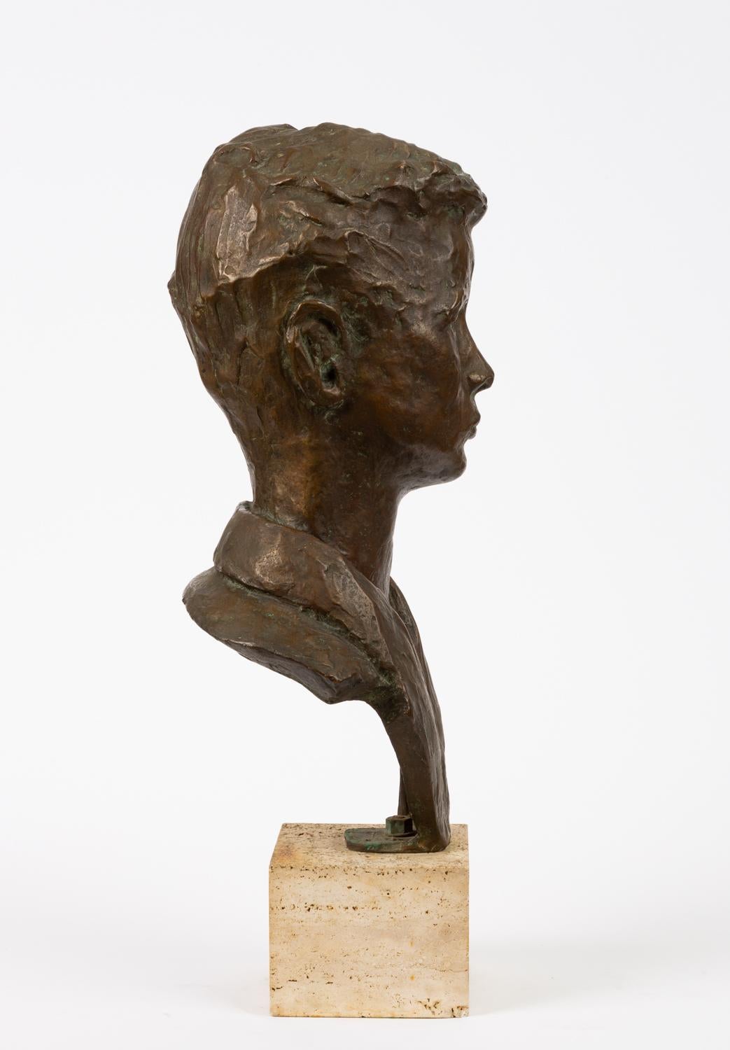 20th Century Bronze Bust of Young Man on Travertine Mount
