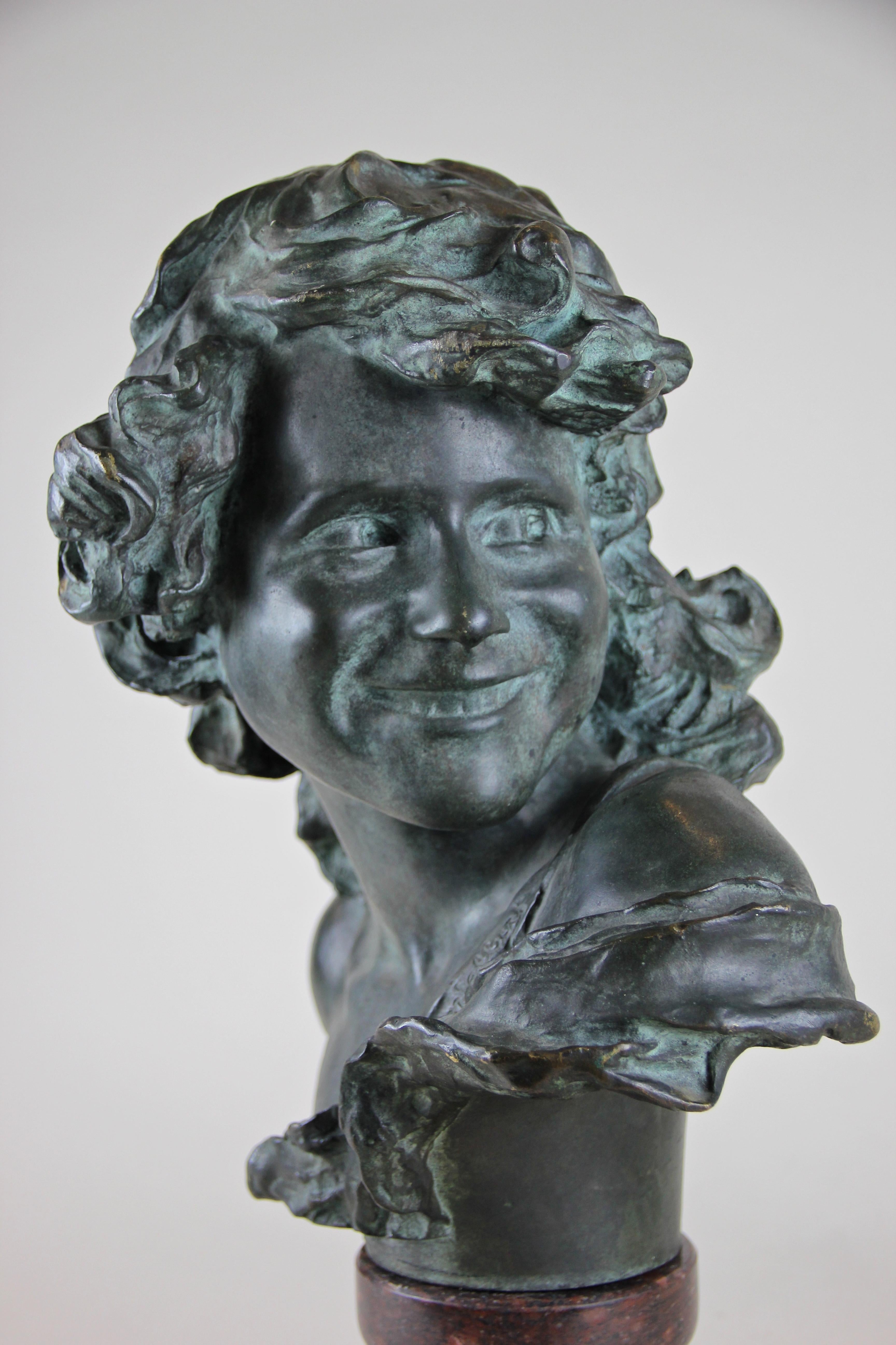 Bronze Bust on Red Marble Base by J. A. Injalbert Art Nouveau France, circa 1900 3