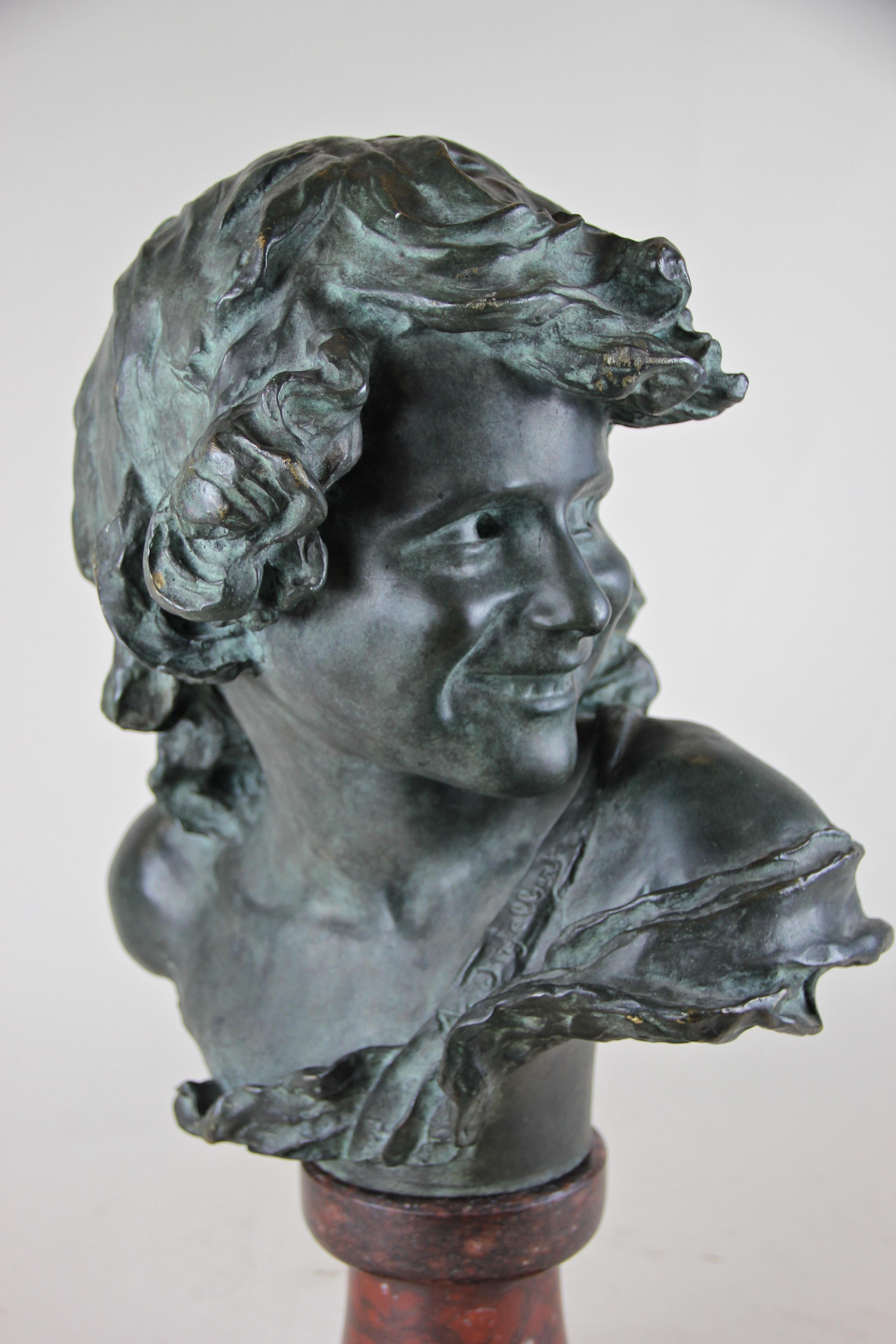 Bronze Bust on Red Marble Base by J. A. Injalbert Art Nouveau France, circa 1900 6