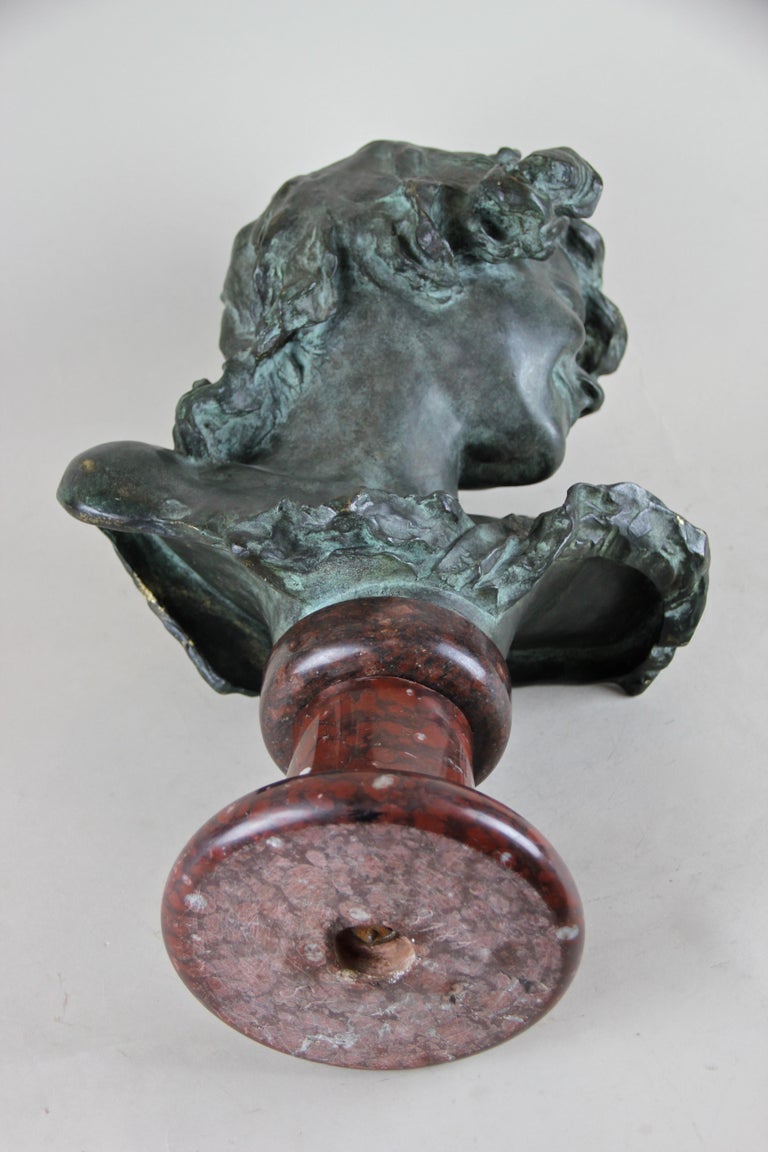 Bronze Bust on Red Marble Base by J. A. Injalbert Art Nouveau France, circa 1900 For Sale 8
