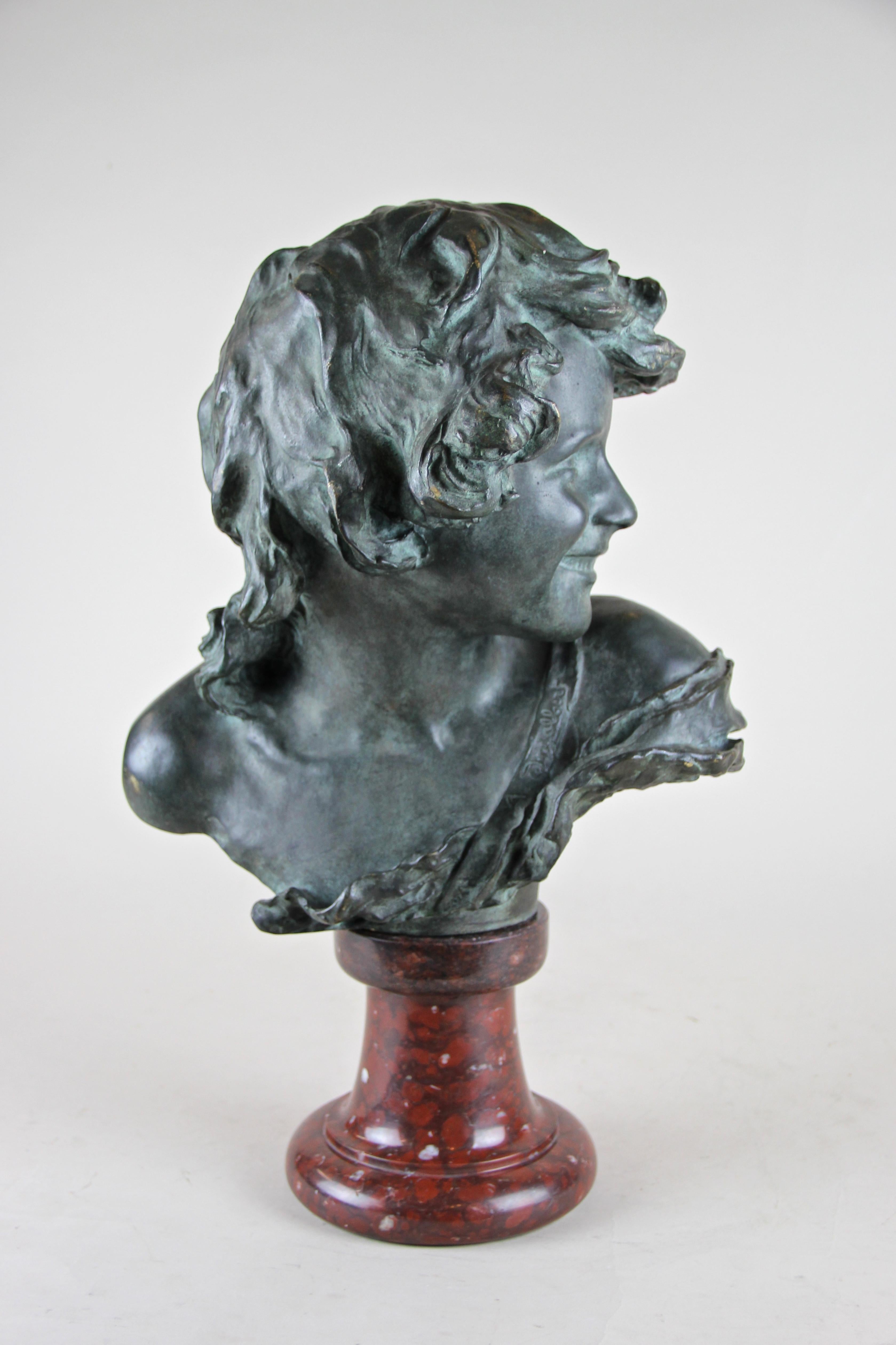 French Bronze Bust on Red Marble Base by J. A. Injalbert Art Nouveau France, circa 1900