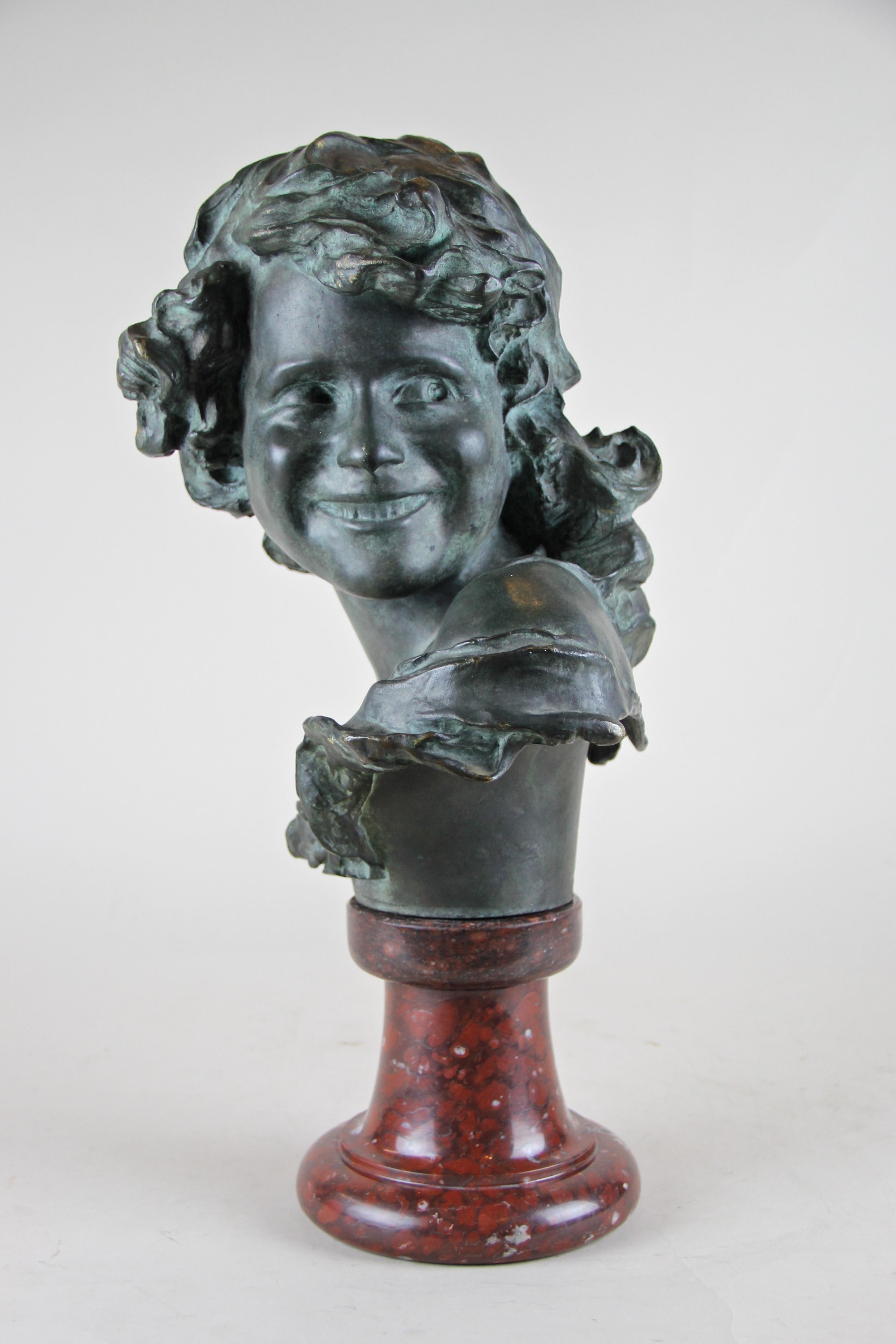 Patinated Bronze Bust on Red Marble Base by J. A. Injalbert Art Nouveau France, circa 1900