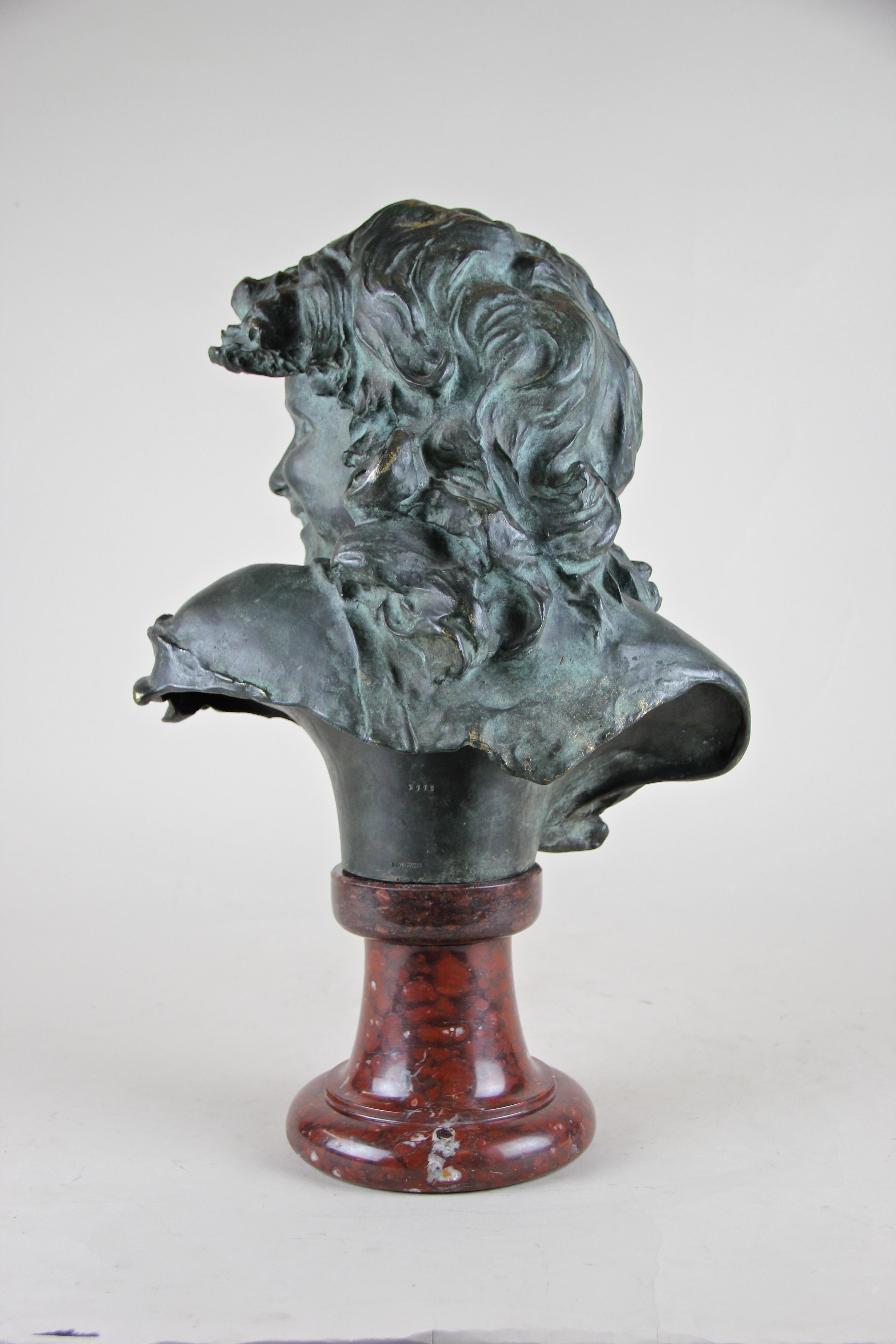Bronze Bust on Red Marble Base by J. A. Injalbert Art Nouveau France, circa 1900 In Good Condition In Lichtenberg, AT