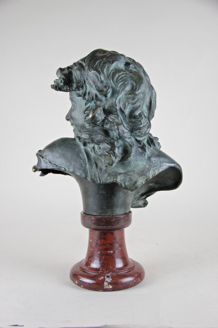 Bronze Bust on Red Marble Base by J. A. Injalbert Art Nouveau France, circa 1900 In Good Condition For Sale In Lichtenberg, AT