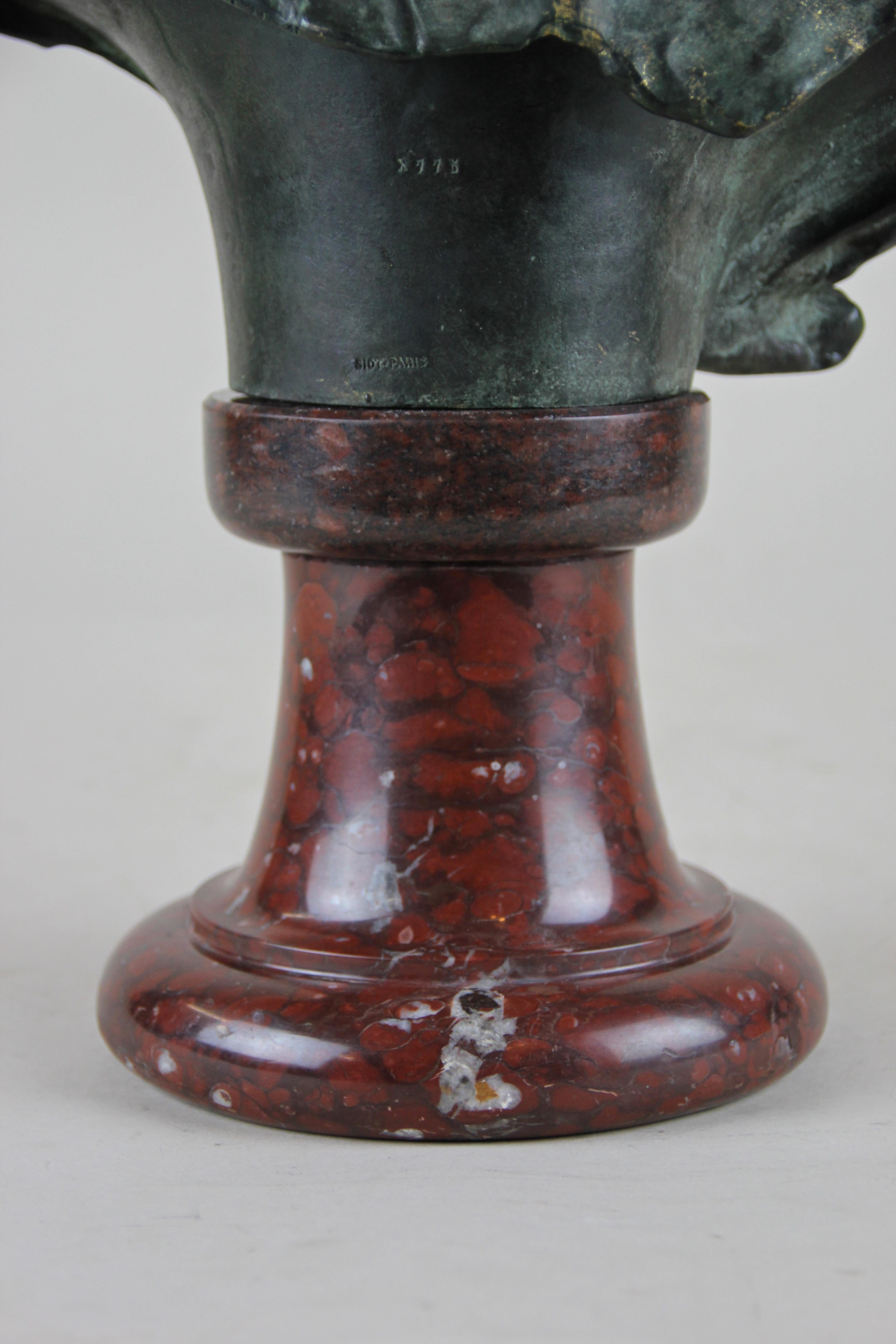 20th Century Bronze Bust on Red Marble Base by J. A. Injalbert Art Nouveau France, circa 1900