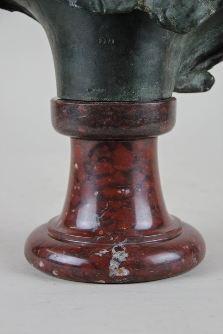 20th Century Bronze Bust on Red Marble Base by J. A. Injalbert Art Nouveau France, circa 1900 For Sale