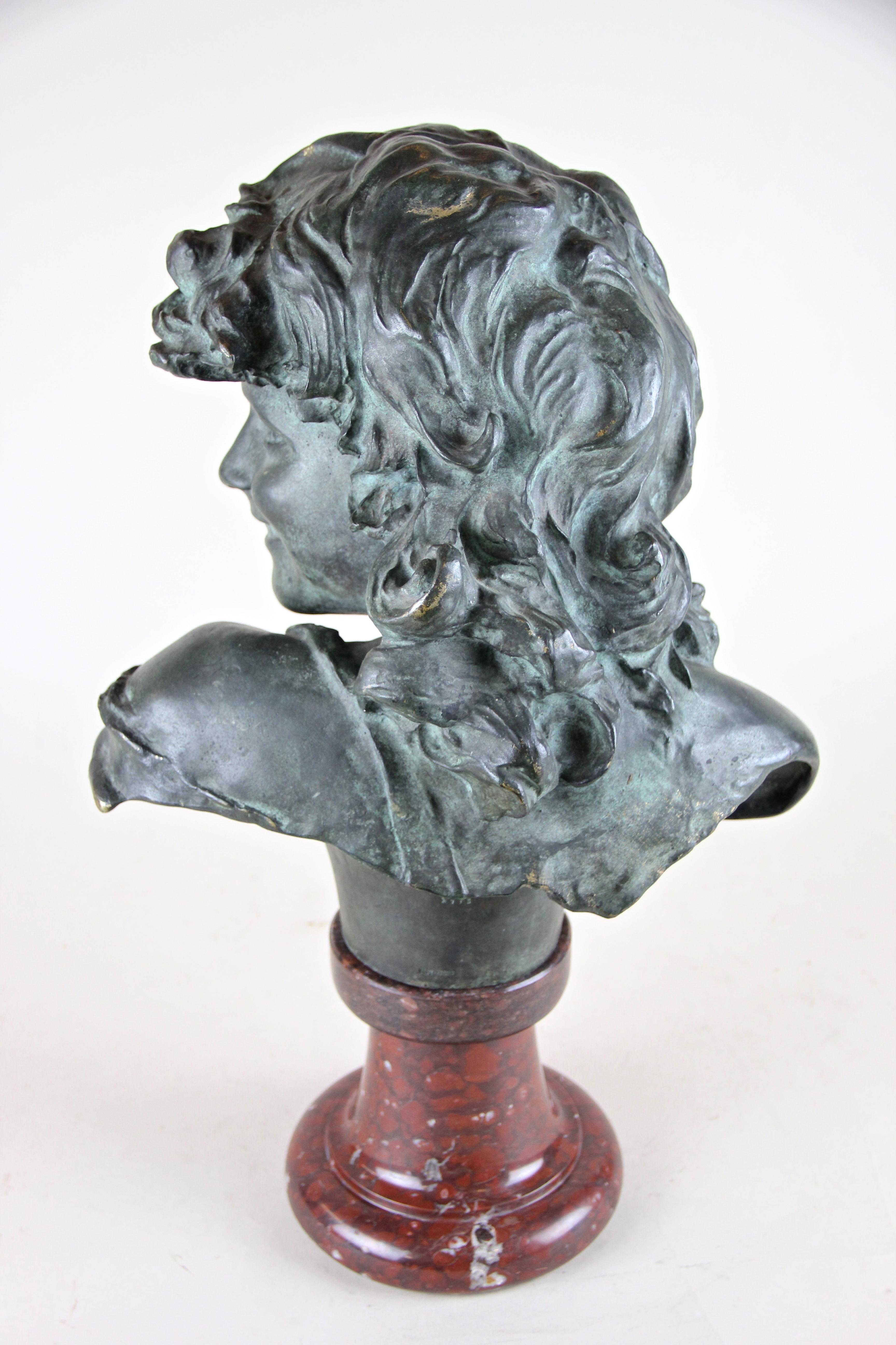 Bronze Bust on Red Marble Base by J. A. Injalbert Art Nouveau France, circa 1900 1