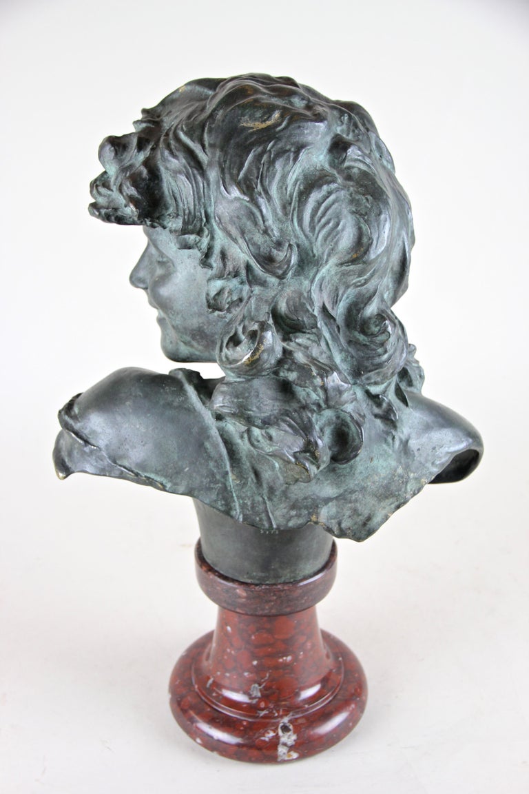 Bronze Bust on Red Marble Base by J. A. Injalbert Art Nouveau France, circa 1900 For Sale 1