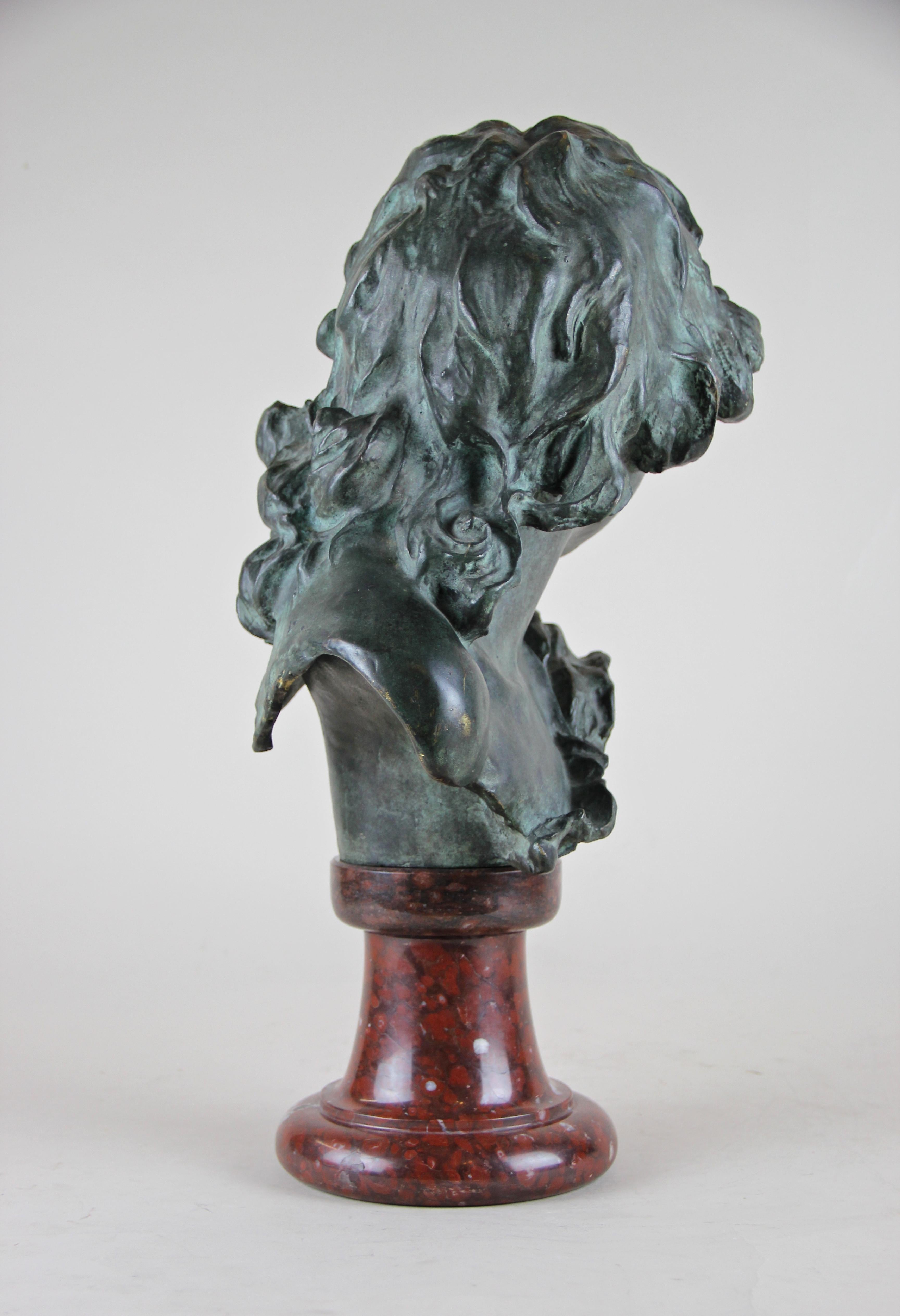 Bronze Bust on Red Marble Base by J. A. Injalbert Art Nouveau France, circa 1900 2