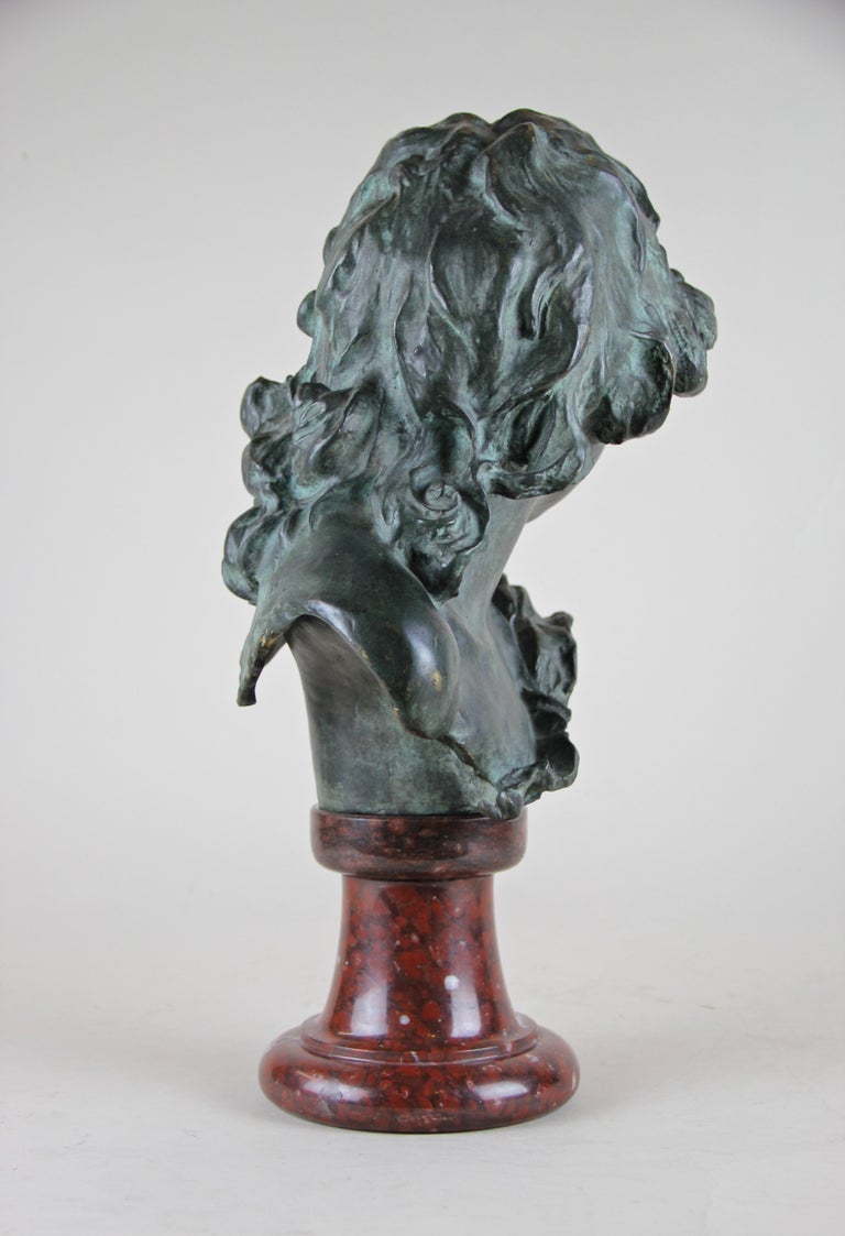 Bronze Bust on Red Marble Base by J. A. Injalbert Art Nouveau France, circa 1900 For Sale 2