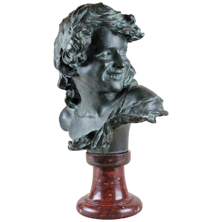 Bronze Bust on Red Marble Base by J. A. Injalbert Art Nouveau France, circa 1900 For Sale