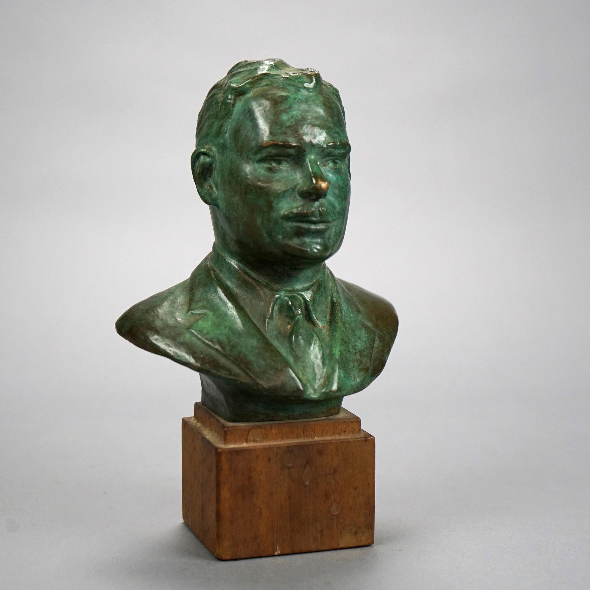 Bronze Bust Portrait Sculpture of a Man on Wooden Plinth by John Terkeni 20th C In Good Condition In Big Flats, NY