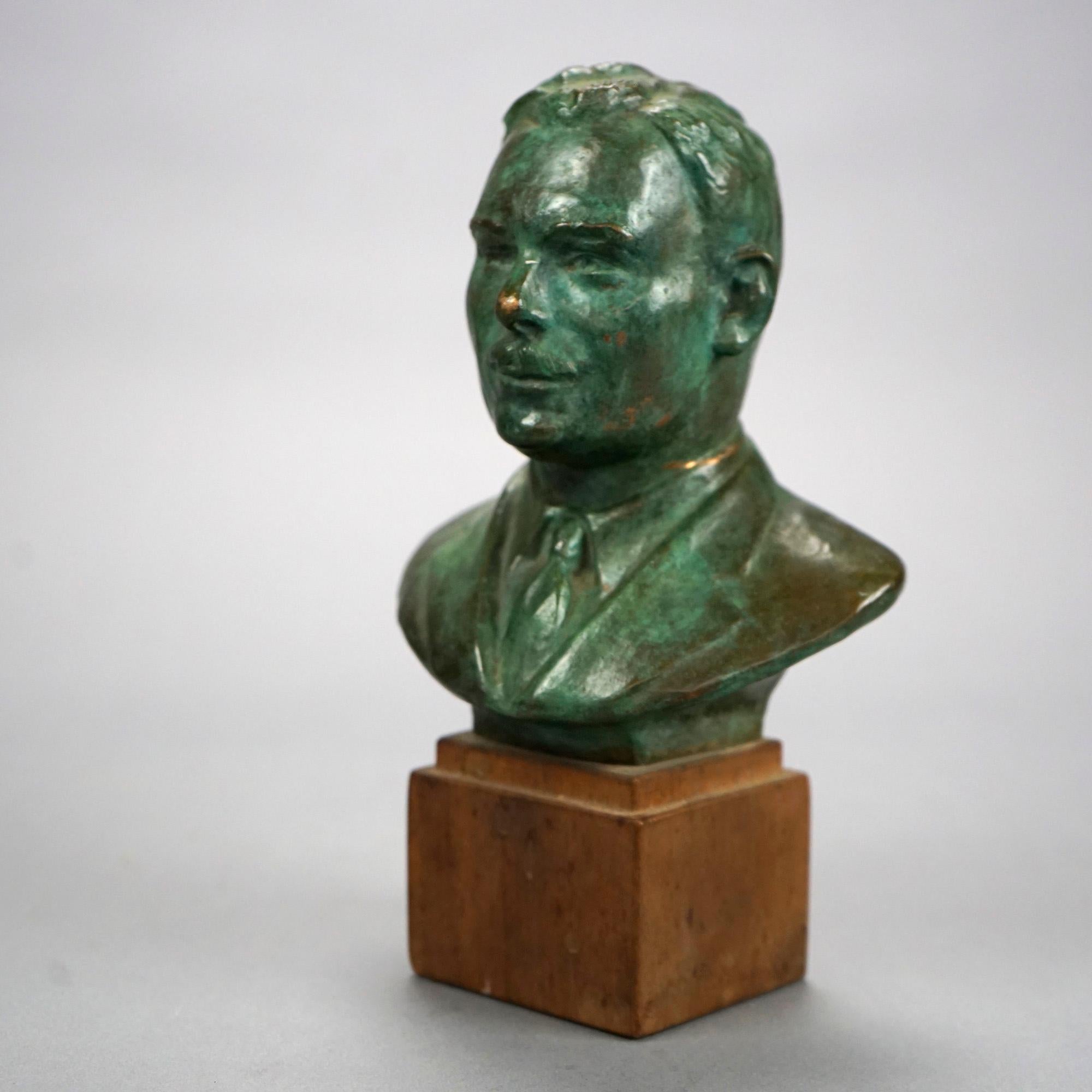 20th Century Bronze Bust Portrait Sculpture of a Man on Wooden Plinth by John Terkeni 20th C